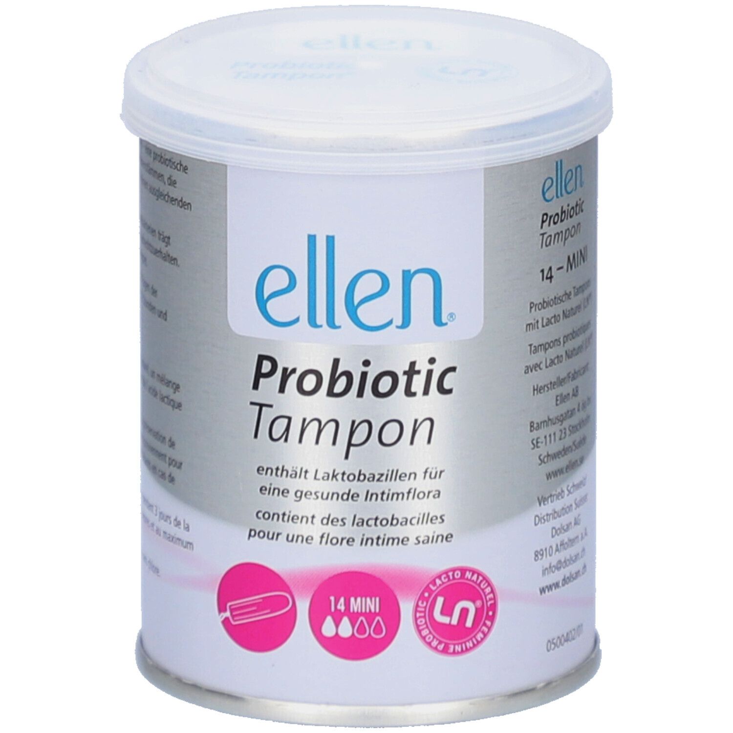 Zylinderförmige Dose mit Deckel. Aufschrift: ellen Probiotic Tampon. Enthält 14 Mini-Tampons. LN-Logo.