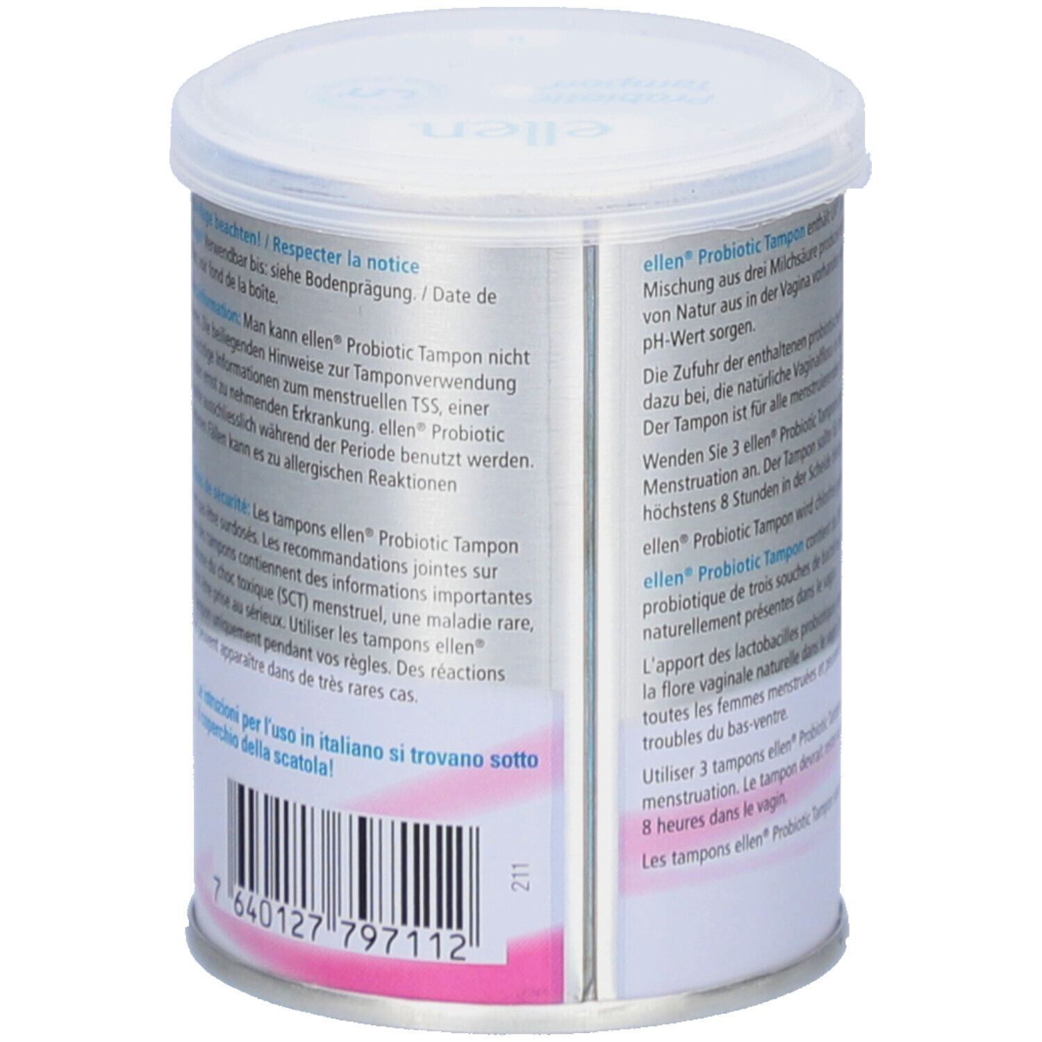 Dose mit Text. Enthält Informationen zu Anwendung, Sicherheit und Inhaltsstoffen von ellen Probiotic Tampons.