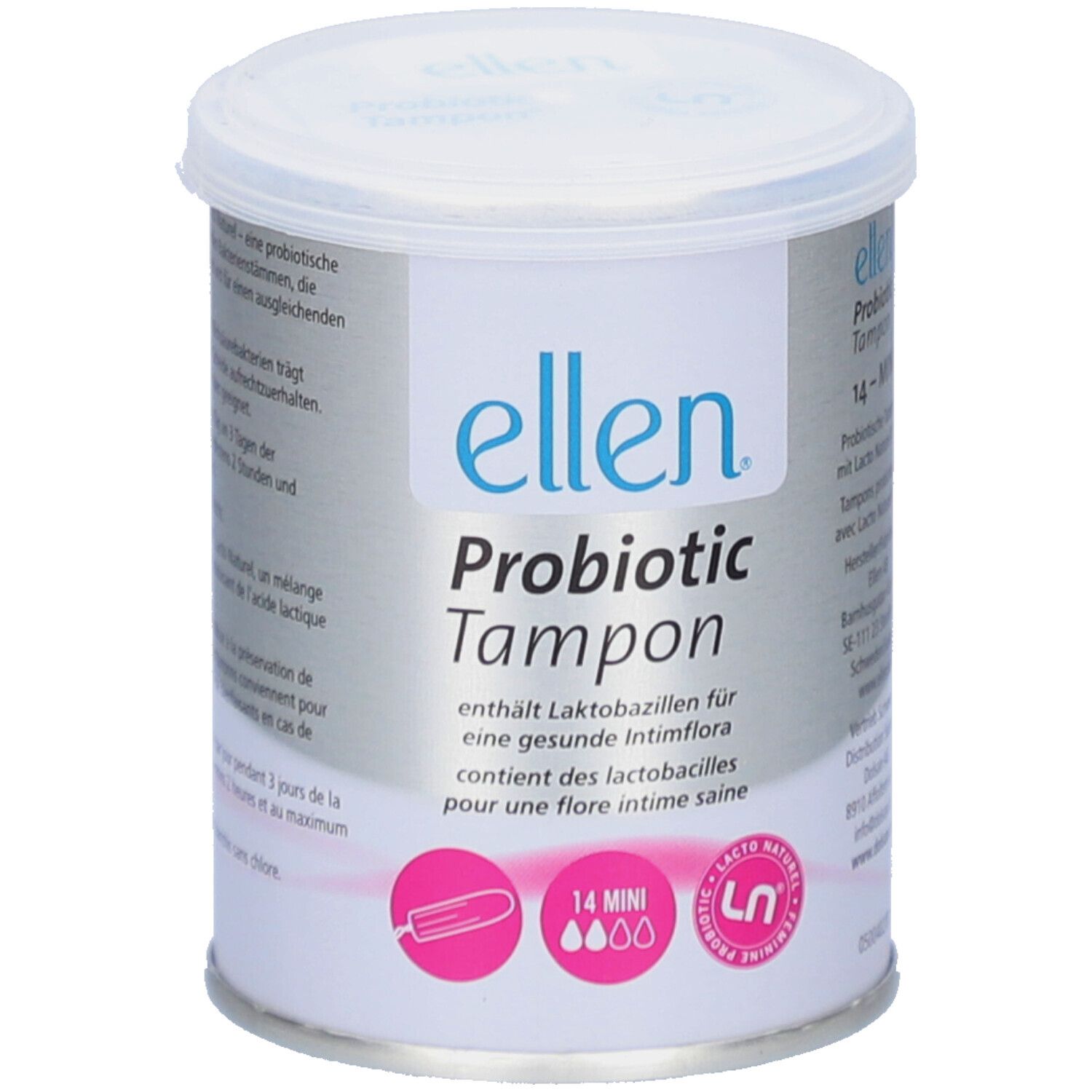 Zylinderförmige Dose mit Deckel. Aufschrift: ellen Probiotic Tampon. Enthält 14 Mini-Tampons. LN-Logo.