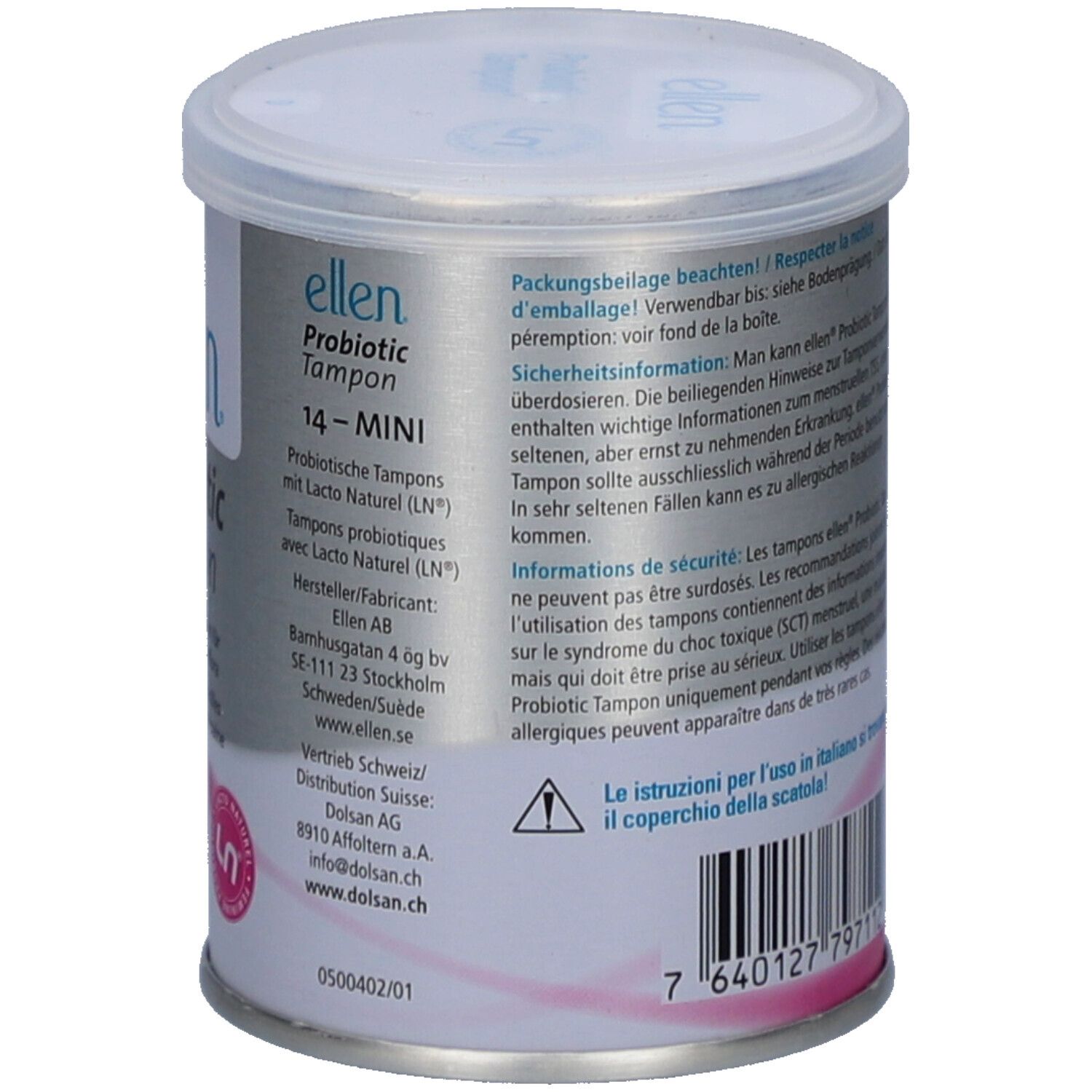 Dose mit Text. Enthält Informationen zu Anwendung, Sicherheit und Inhaltsstoffen von ellen Probiotic Tampons.