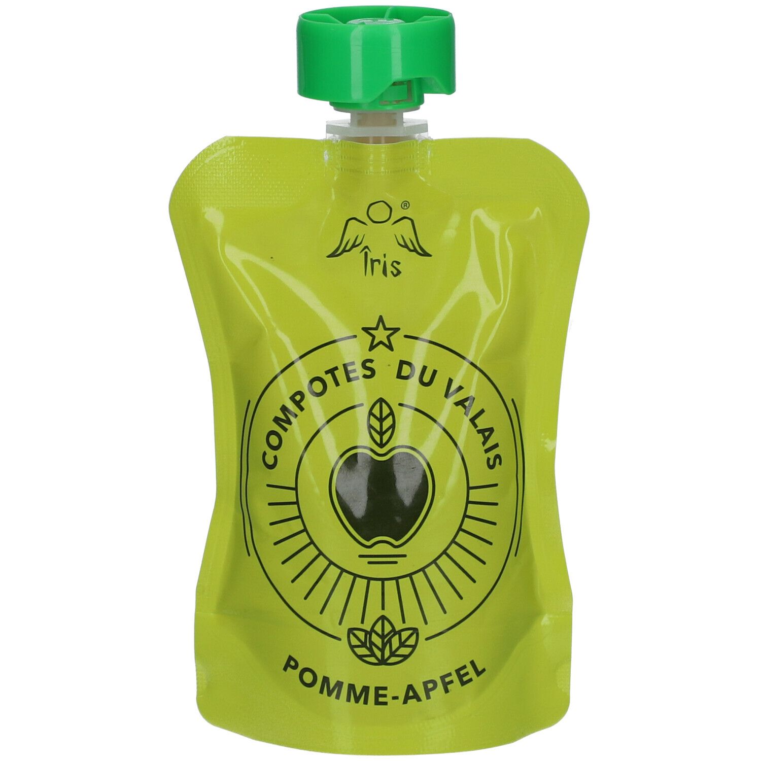 Compote de pommes en sachet vert. Bouchon vert en haut. Logo avec pomme et texte: Compotes du Valais, Pomme-Apfel.