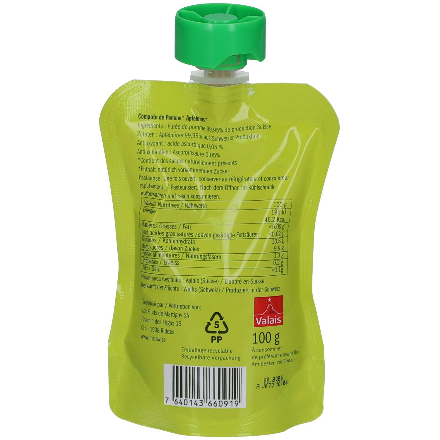 Dos du sachet vert. Texte avec informations nutritionnelles et ingrédients. Logo: Valais, 100 g.