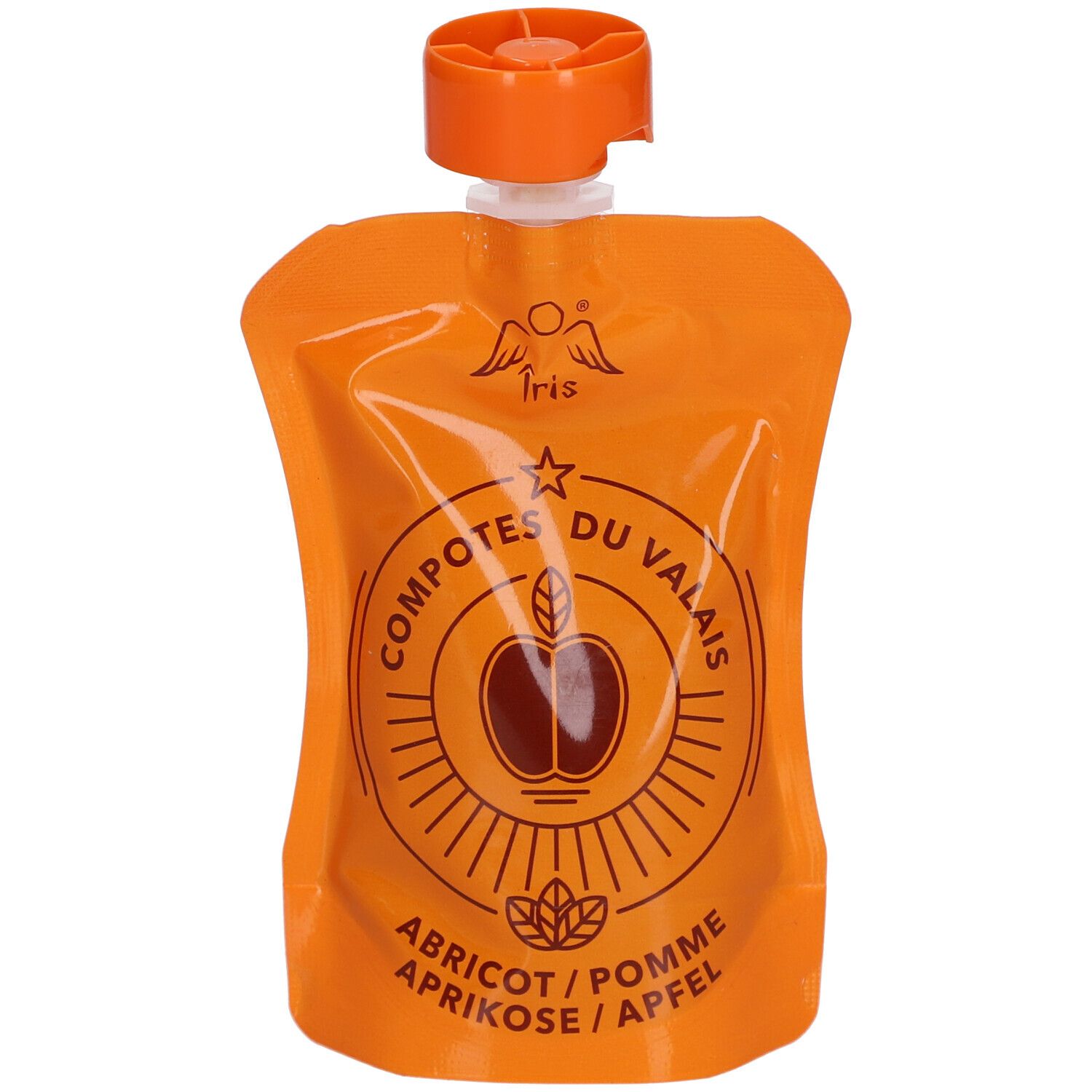 Sachet orange de compote abricot/pomme. Logo avec pomme et texte 'Comptes du Valais'. Bouchon orange.