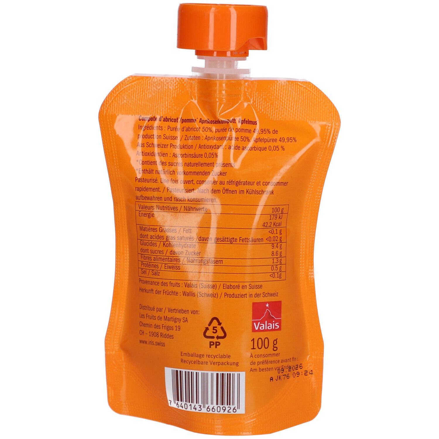 Dos du sachet. Texte avec informations nutritionnelles et ingrédients. Logo 'Valais' et poids 100g.