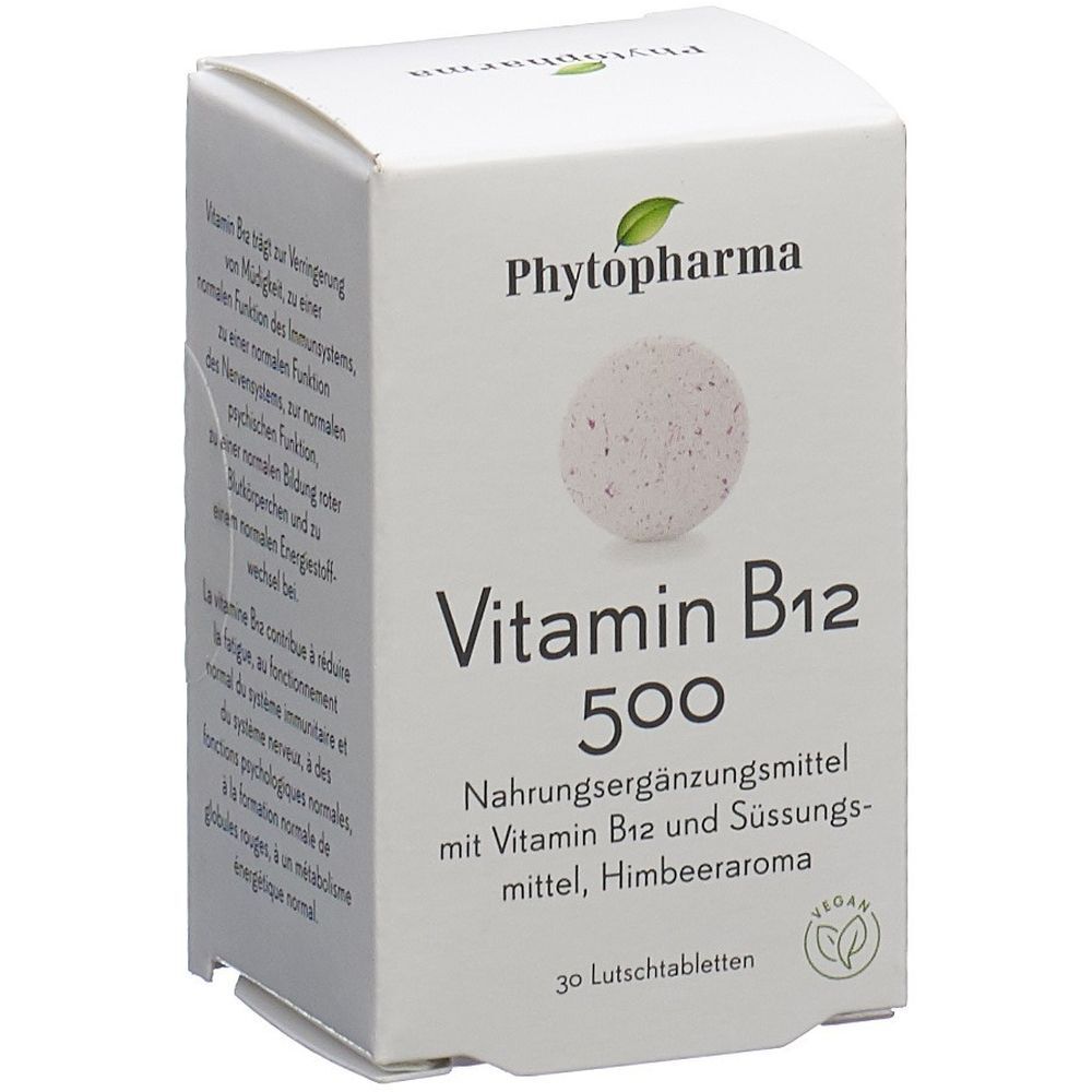 Weiße Schachtel mit PHYTOPHARMA-Logo und Vitamin B12 500. Enthält 30 Lutschtabletten. Vegan-Siegel.