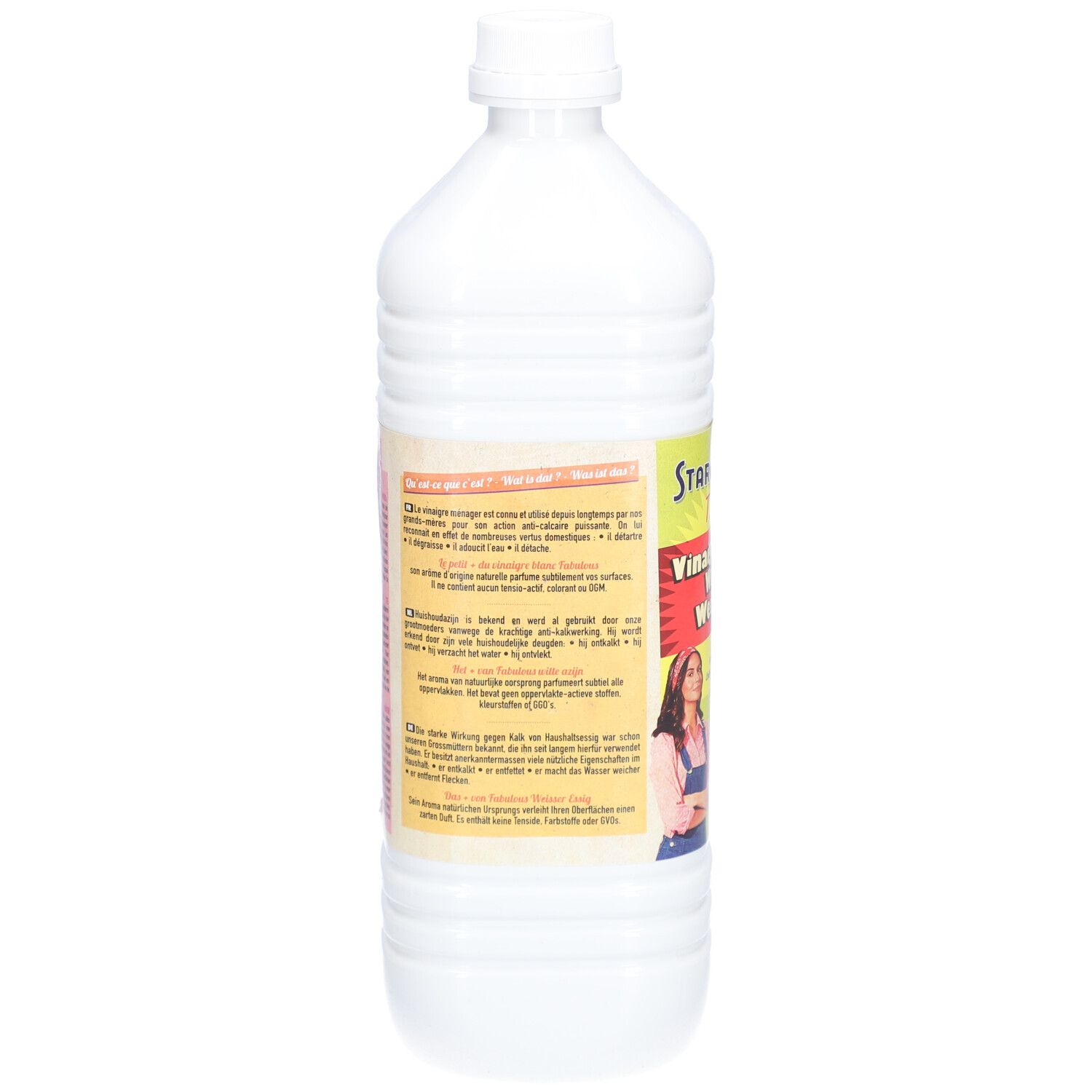 Rückseite der weißen Essigflasche. Text in mehreren Sprachen. Etikett mit Informationen zum Produkt.
