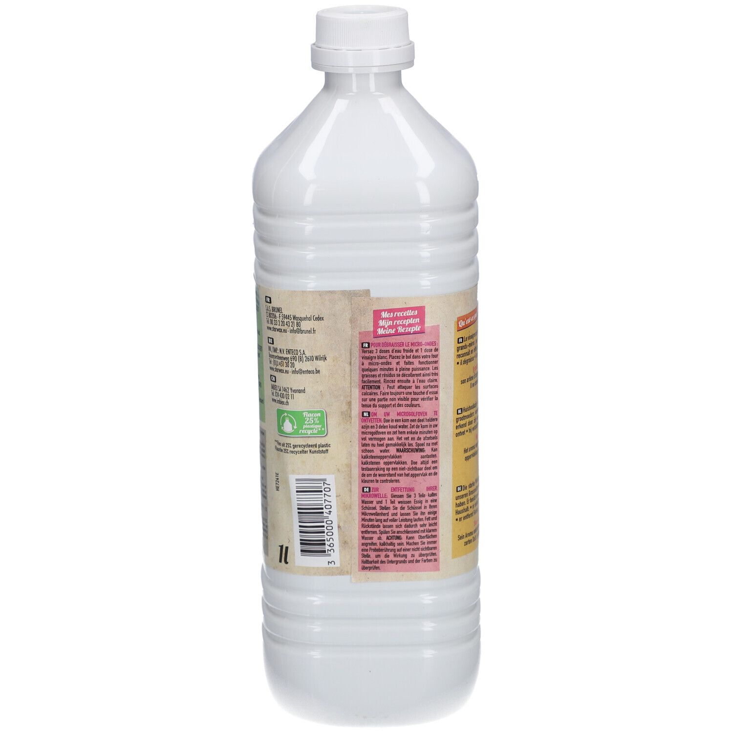 Rückansicht der weißen Essigflasche. Etikett mit Text und Barcode. Aufschrift: 1L.