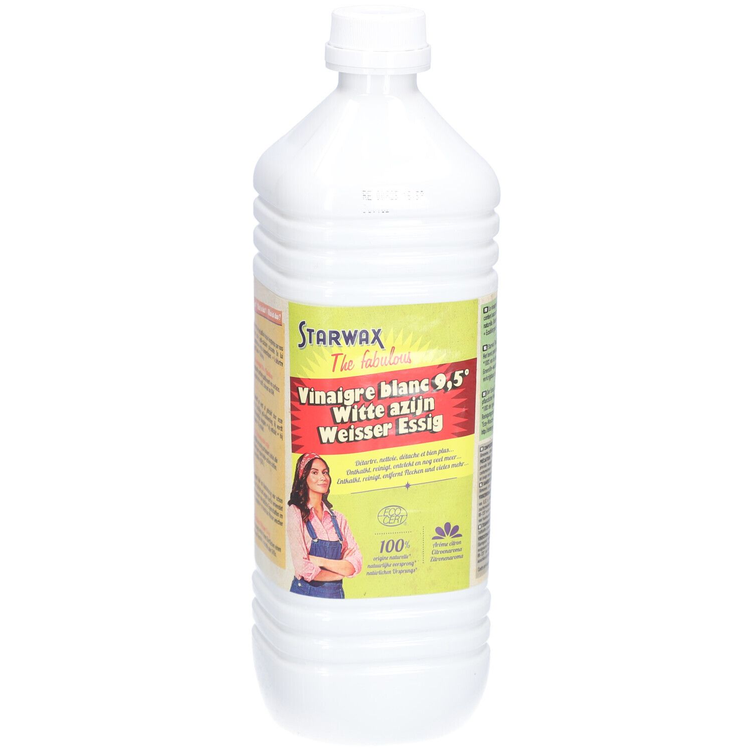 Weiße Essigflasche mit Etikett. Aufschrift: STARWAX, Vinaigre blanc 9,5°, Witte azijn, Weißer Essig. Frau auf dem Etikett.