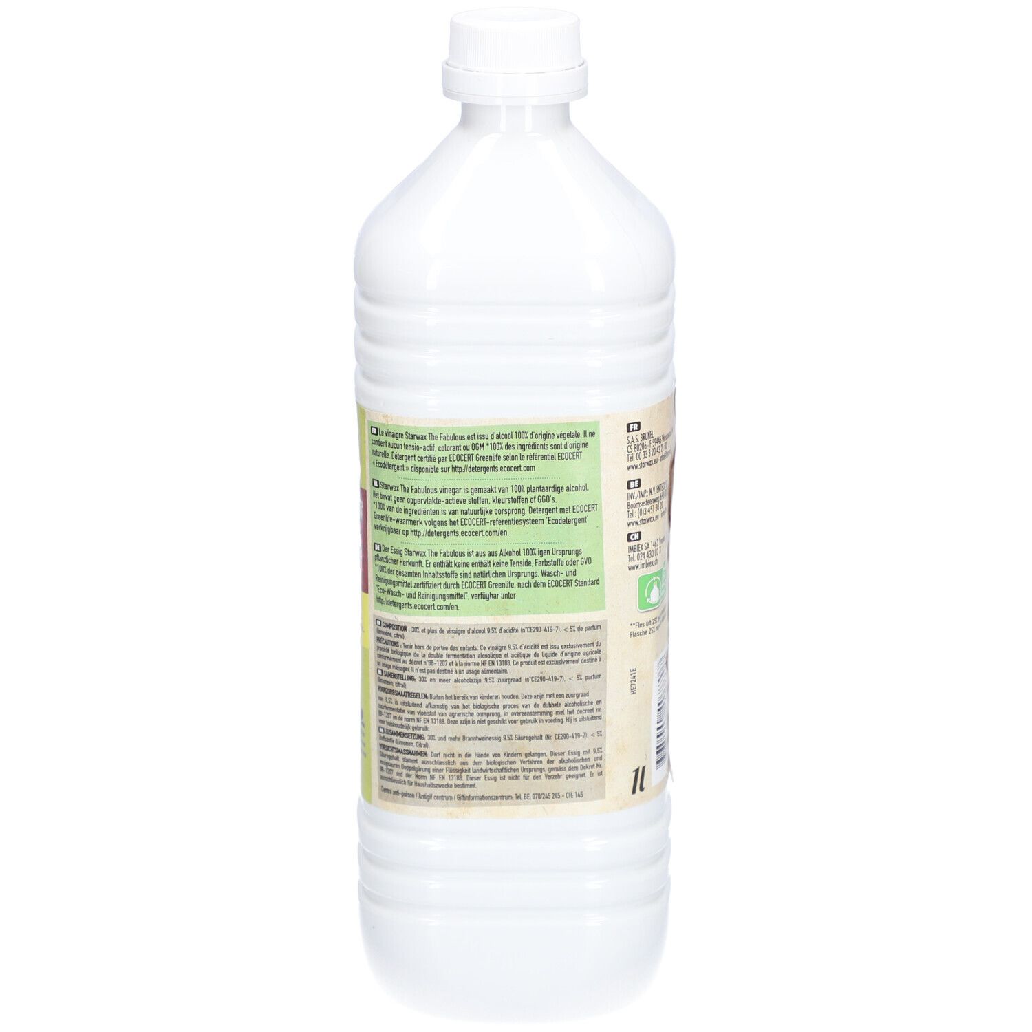 Rückseite der weißen Essigflasche. Text in mehreren Sprachen. Etikett mit Informationen zum Produkt.