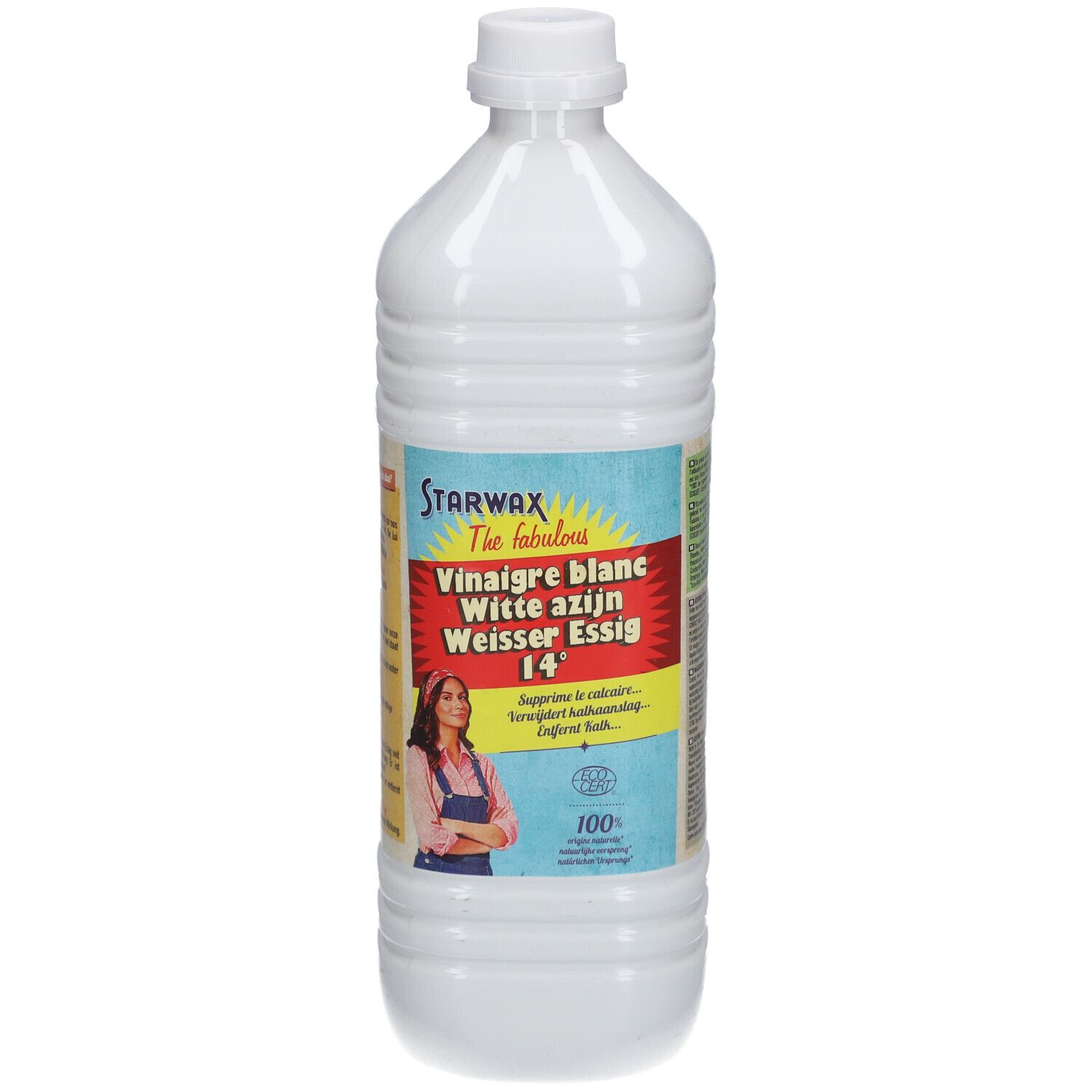Weiße Flasche mit STARWAX-Etikett. Aufschrift: Vinaigre blanc, Witte azijn, Weisser Essig 14°. Mit Frau-Illustration.