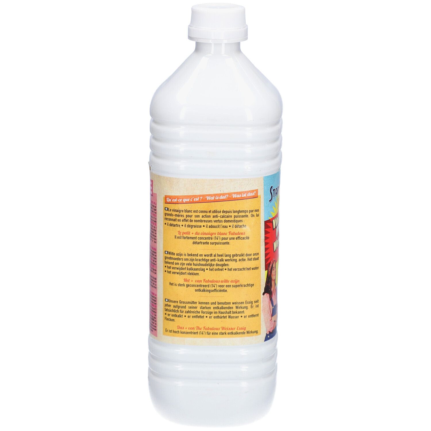 Rückseite der weißen Flasche. Text in mehreren Sprachen. Enthält Informationen zur Anwendung und Inhaltsstoffe.