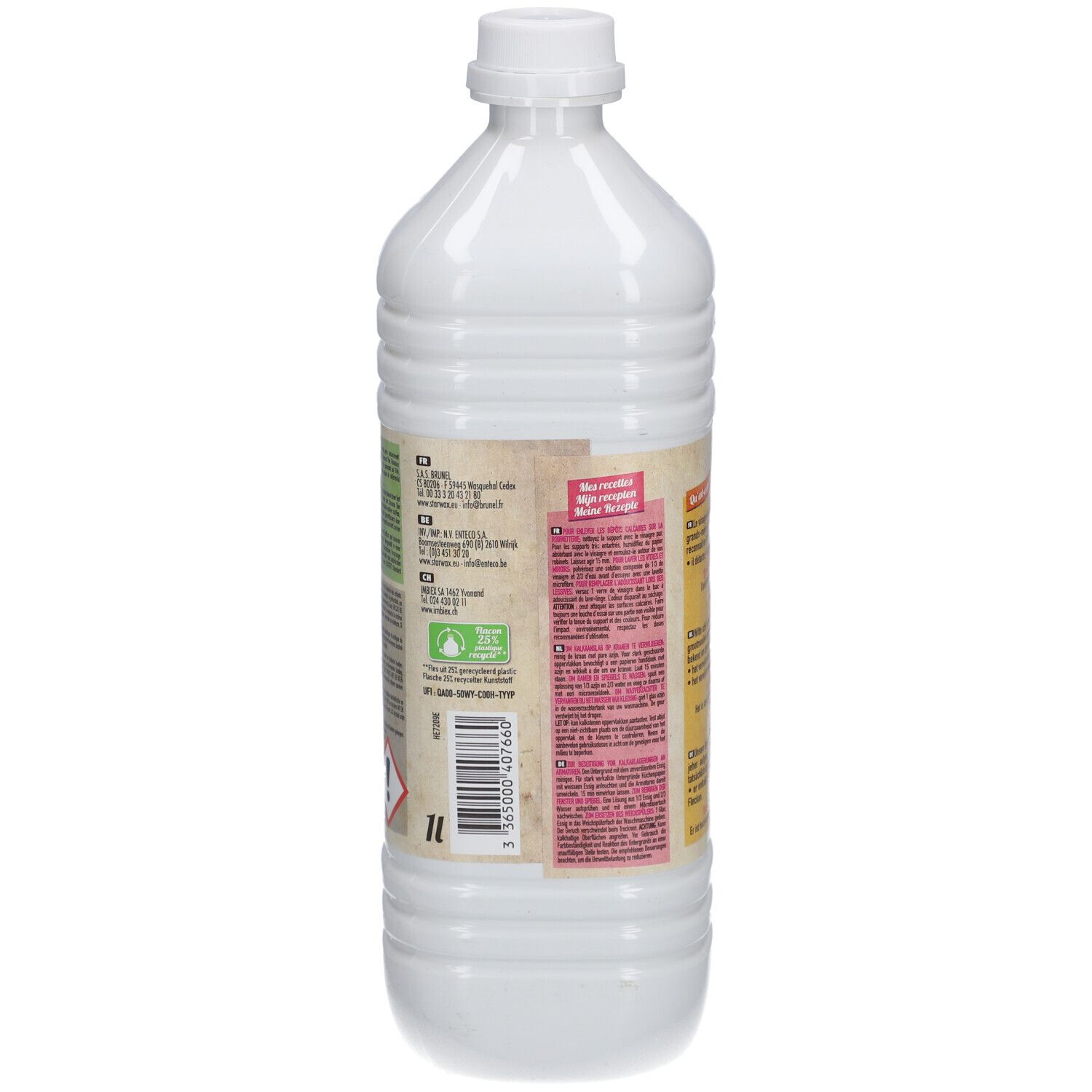 Rückseite der weißen Flasche. Text in mehreren Sprachen. Enthält Informationen zur Anwendung und Inhaltsstoffe. 1L-Angabe.
