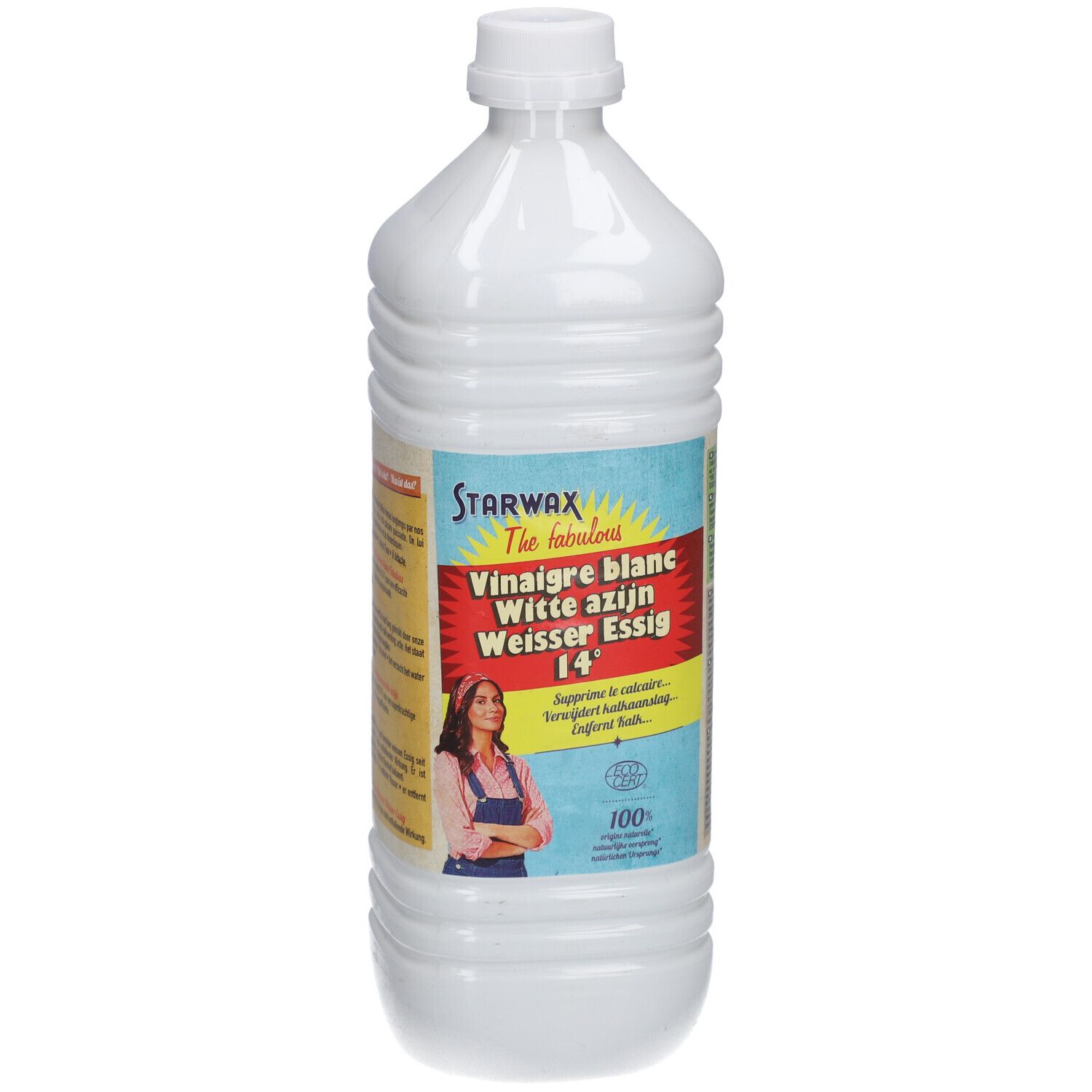 Weiße Flasche mit STARWAX-Etikett. Aufschrift: Vinaigre blanc, Witte azijn, Weisser Essig 14°. Mit Frau-Illustration.