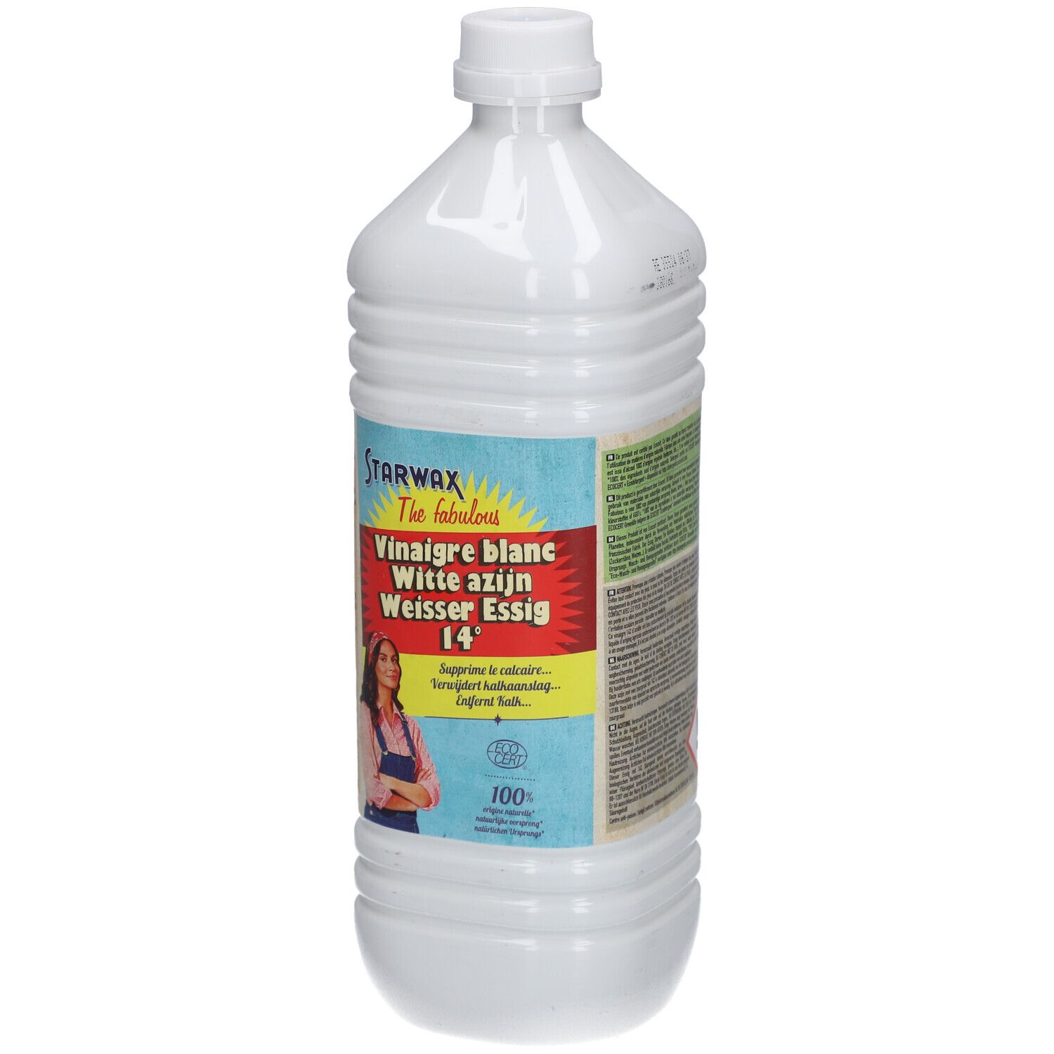 Weiße Flasche mit STARWAX-Etikett. Aufschrift: Vinaigre blanc, Witte azijn, Weisser Essig 14°. Mit Frau-Illustration.