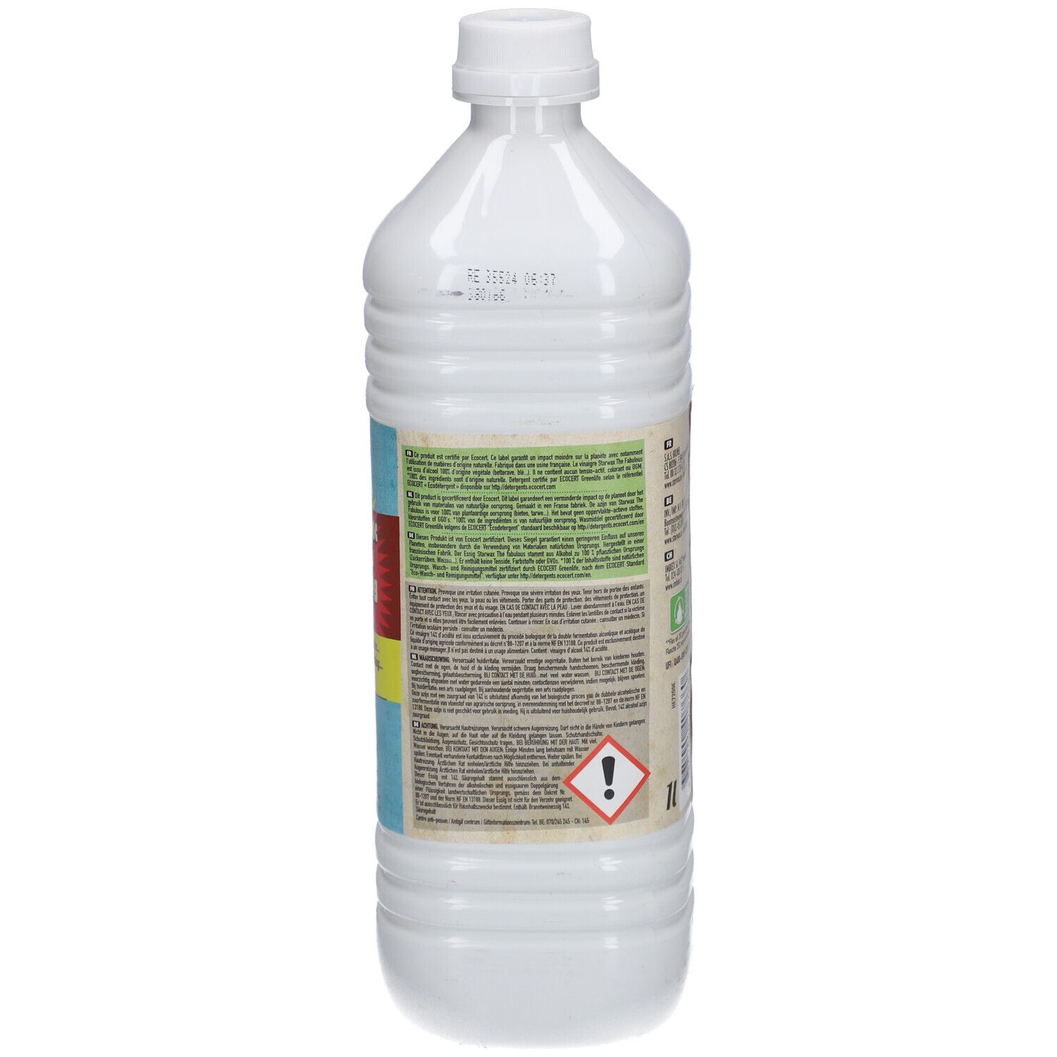 Rückseite der weißen Flasche. Text in mehreren Sprachen. Enthält Informationen zur Anwendung und Inhaltsstoffe. Gefahrensymbol.