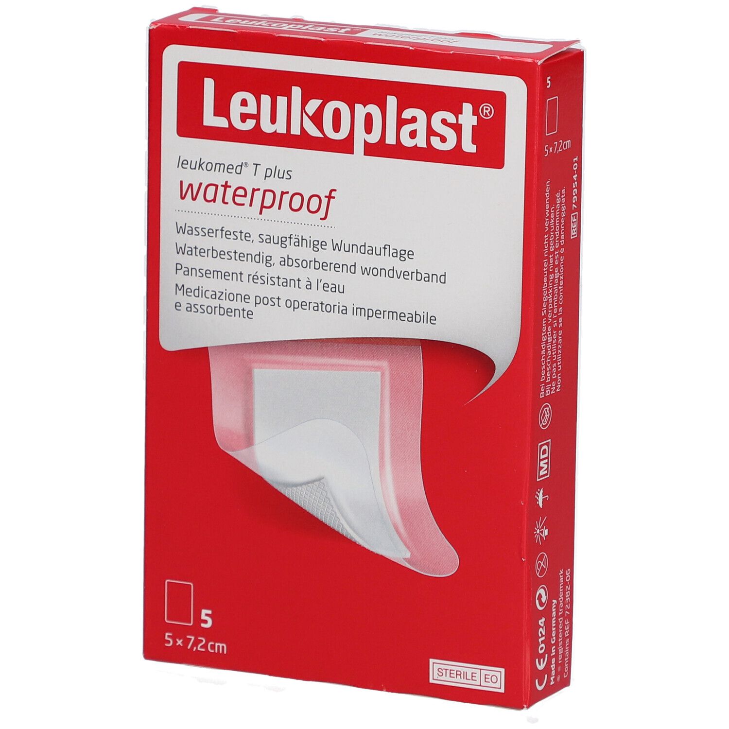 Rote Verpackung mit Leukoplast® Leukomed® T Plus. 5 Pflaster, 5 x 7,2 cm. Sichtbar: Pflaster, weiß mit transparentem Rand.