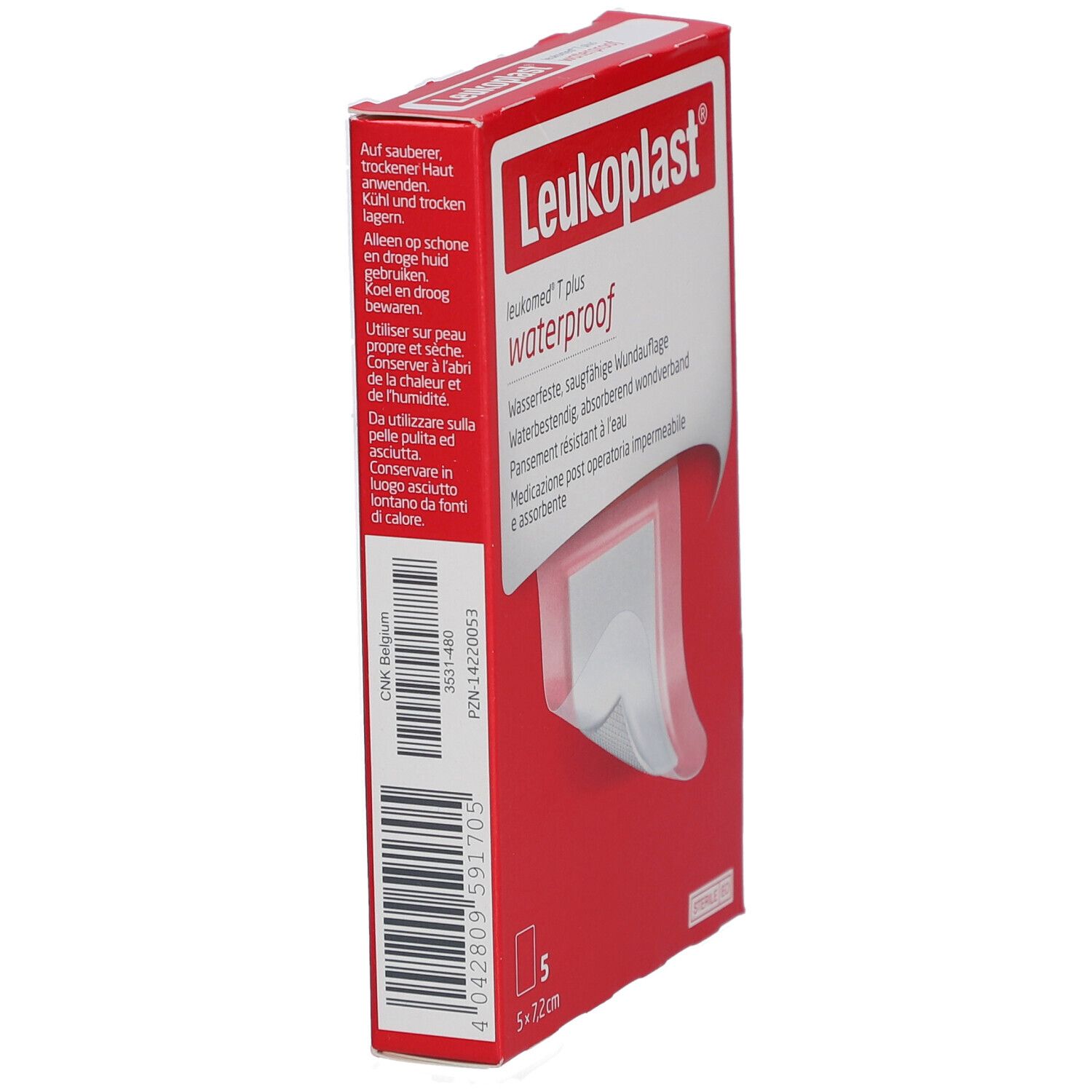 Rote Verpackung Leukoplast® Leukomed® T Plus. Seite mit Text und Barcode. 5 Pflaster, 5 x 7,2 cm. Pflaster sichtbar.