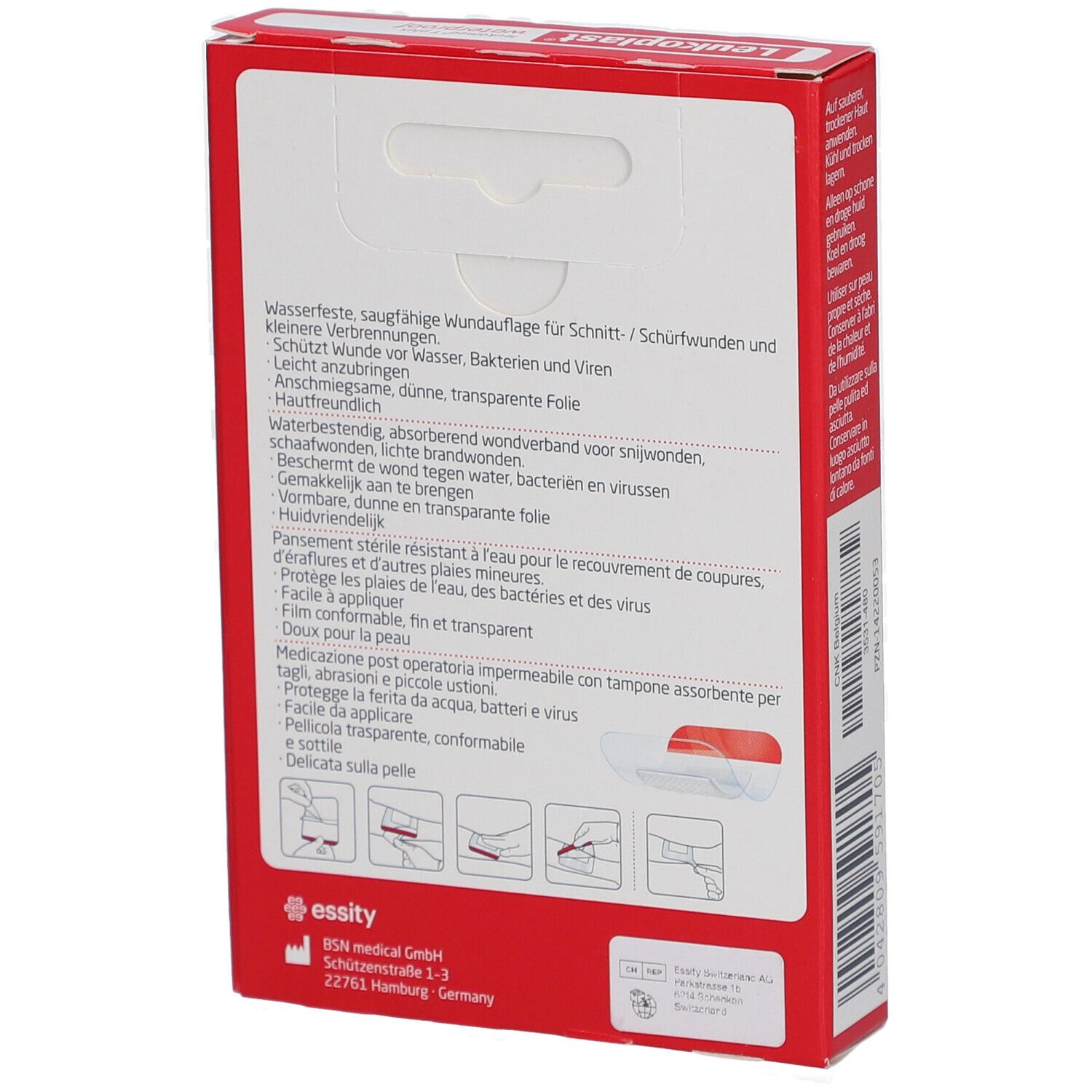Rückseite der roten Verpackung Leukoplast® Leukomed® T Plus. Text in mehreren Sprachen. Illustrationen.