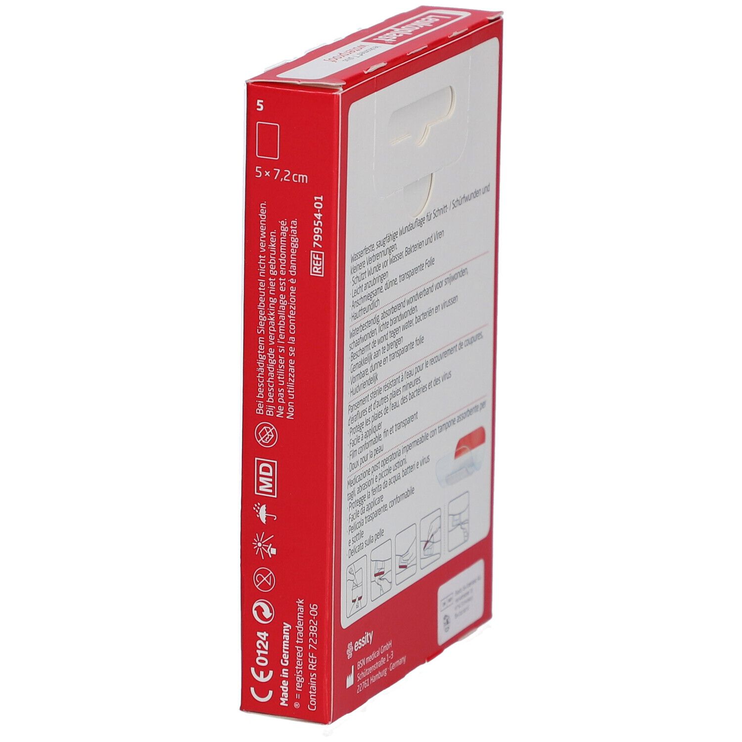 Rote Verpackung Leukoplast® Leukomed® T Plus. Seite mit Text und Symbolen. 5 Pflaster, 5 x 7,2 cm.