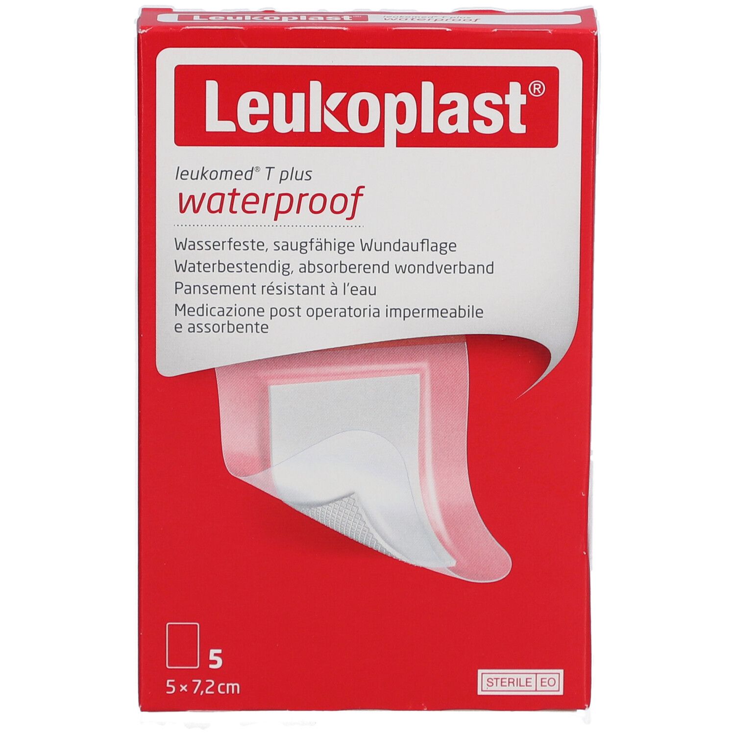 Rote Verpackung Leukoplast® Leukomed® T Plus. 5 Pflaster, 5 x 7,2 cm. Pflaster sichtbar, weiß mit transparentem Rand.