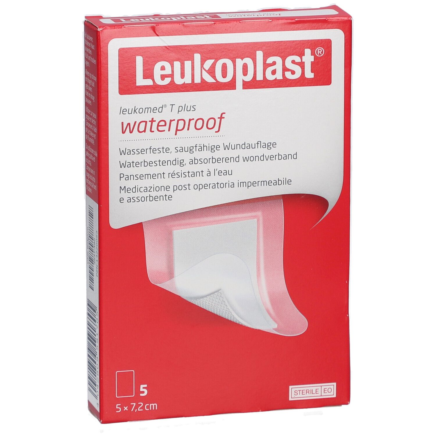 Rote Verpackung Leukoplast® Leukomed® T Plus. 5 Pflaster, 5 x 7,2 cm. Pflaster sichtbar, weiß mit transparentem Rand.
