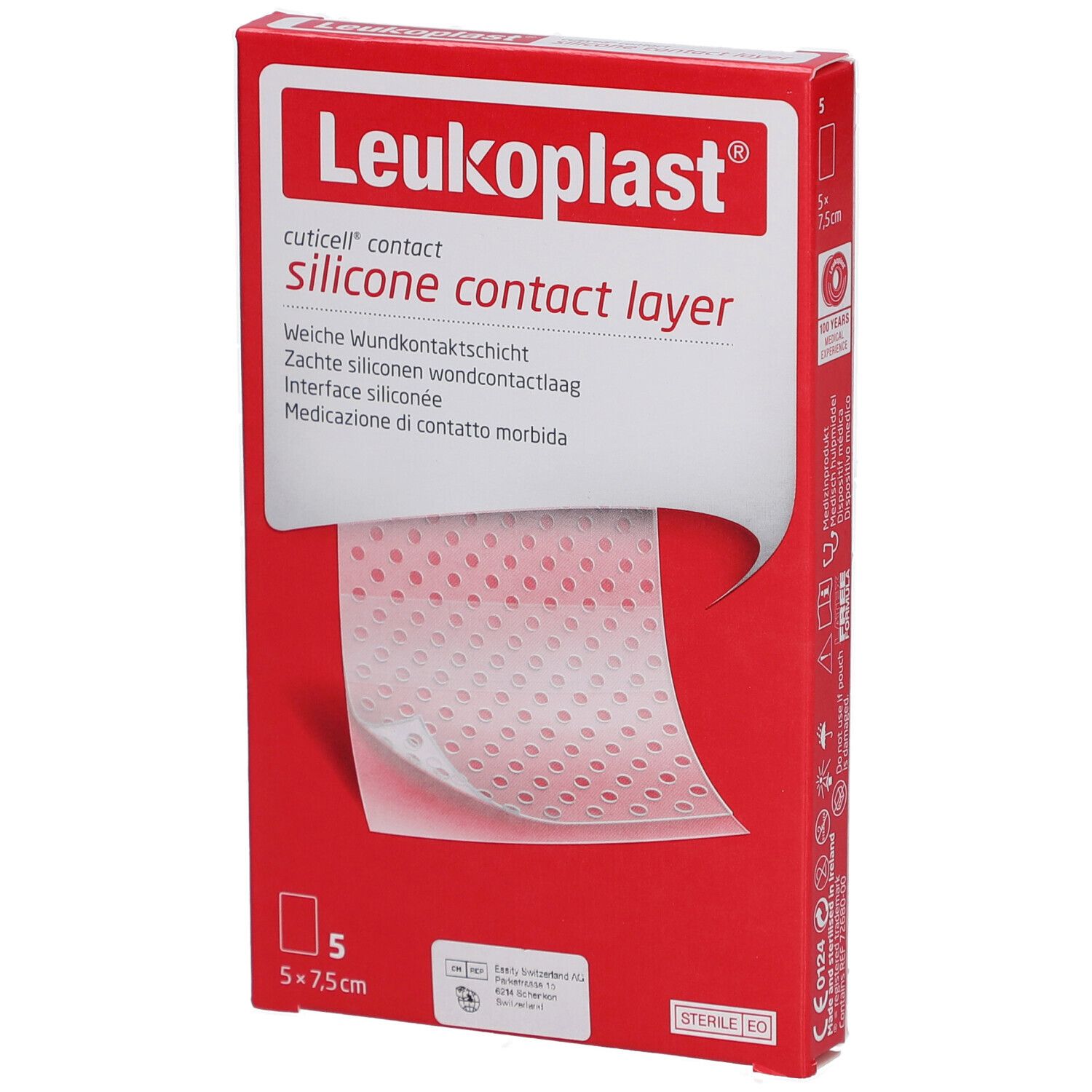 Rote Verpackung mit Leukoplast Logo und Produktbezeichnung. Zeigt eine weiche, perforierte Silikon-Wundauflage.