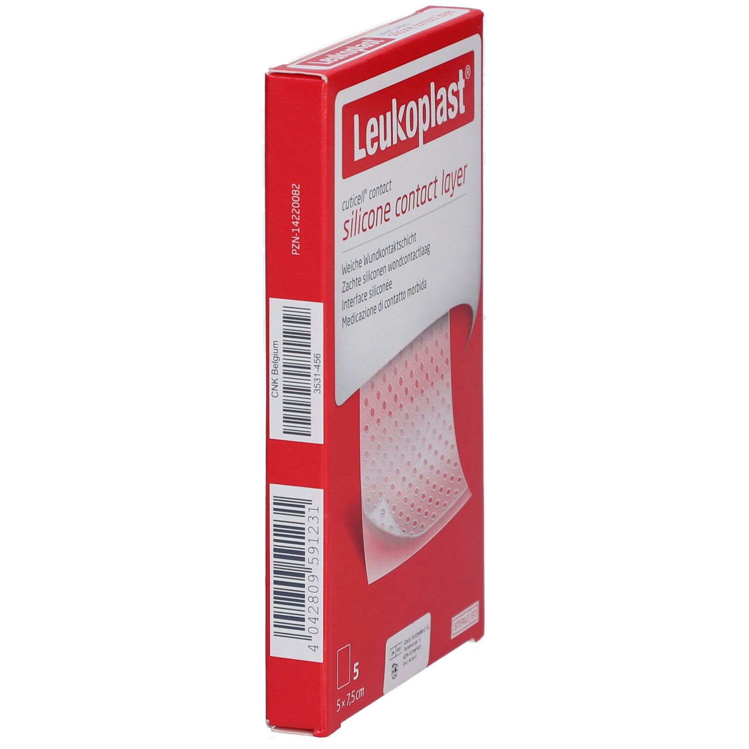 Rote Verpackung, Seitenansicht. Leukoplast Logo und Produktbezeichnung. Zeigt eine weiche, perforierte Silikon-Wundauflage.