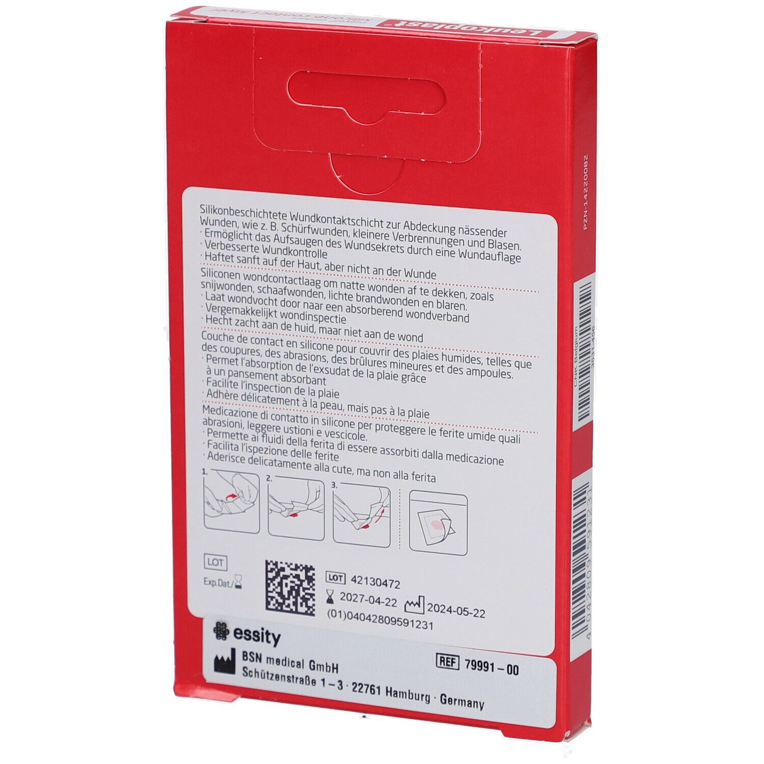 Rückseite der roten Verpackung. Text in mehreren Sprachen. Illustrationen zur Anwendung. Herstellerinformationen.