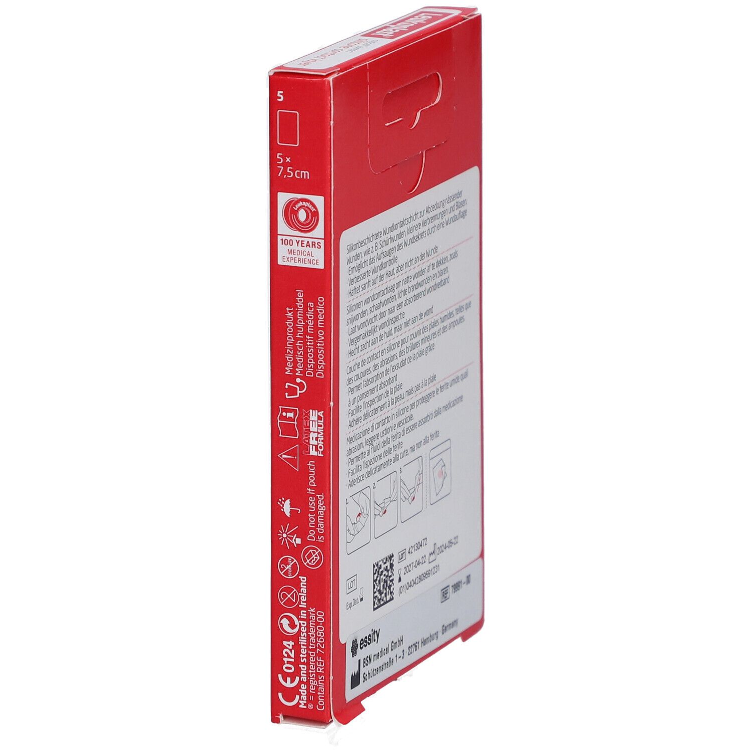 Seitenansicht der roten Verpackung. Produktinformationen und Logos. Größe: 5 x 7,5 cm. Herstellerinformationen.