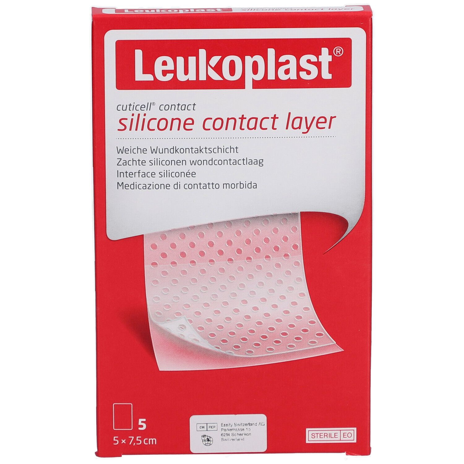 Rote Verpackung mit Leukoplast Logo und Produktbezeichnung. Zeigt eine weiche, perforierte Silikon-Wundauflage.