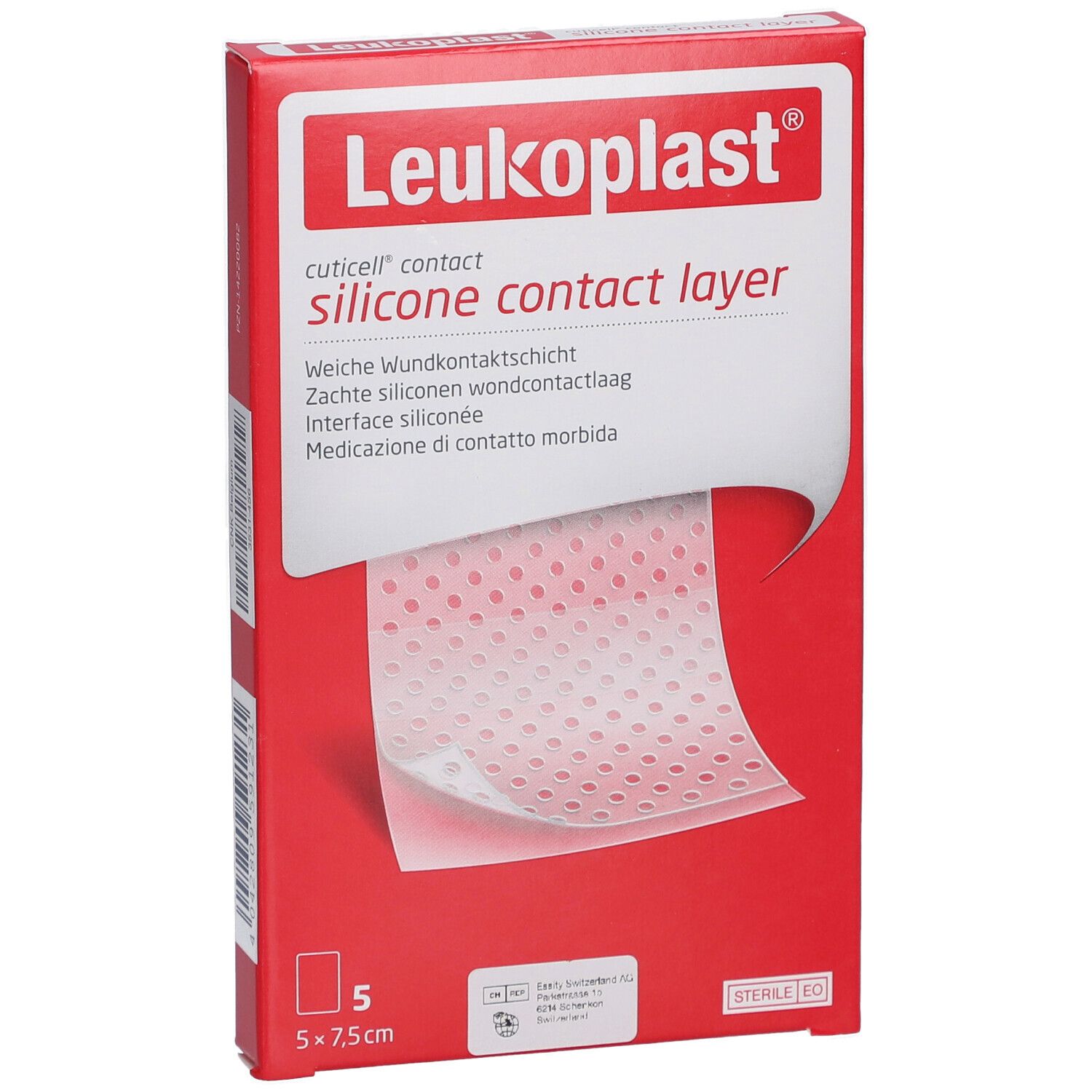 Rote Verpackung mit Leukoplast Logo und Produktbezeichnung. Zeigt eine weiche, perforierte Silikon-Wundauflage.