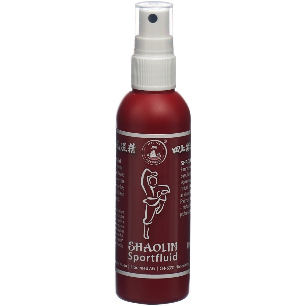 Rote Flasche mit weißem Sprühkopf. Aufschrift: SHAOLIN Sportfluid. Logo mit Figur. Text in chinesischen Schriftzeichen.