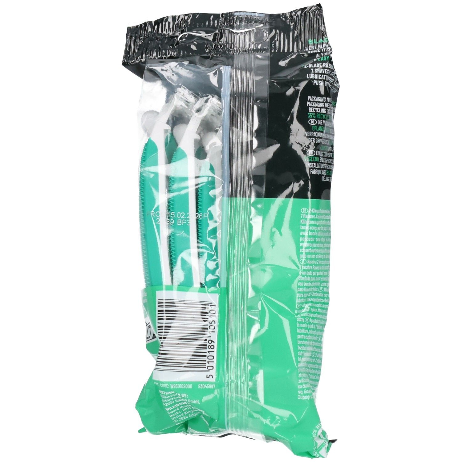 Verpackung mit mehreren türkisfarbenen Zahnseidehaltern mit weißen Spitzen.