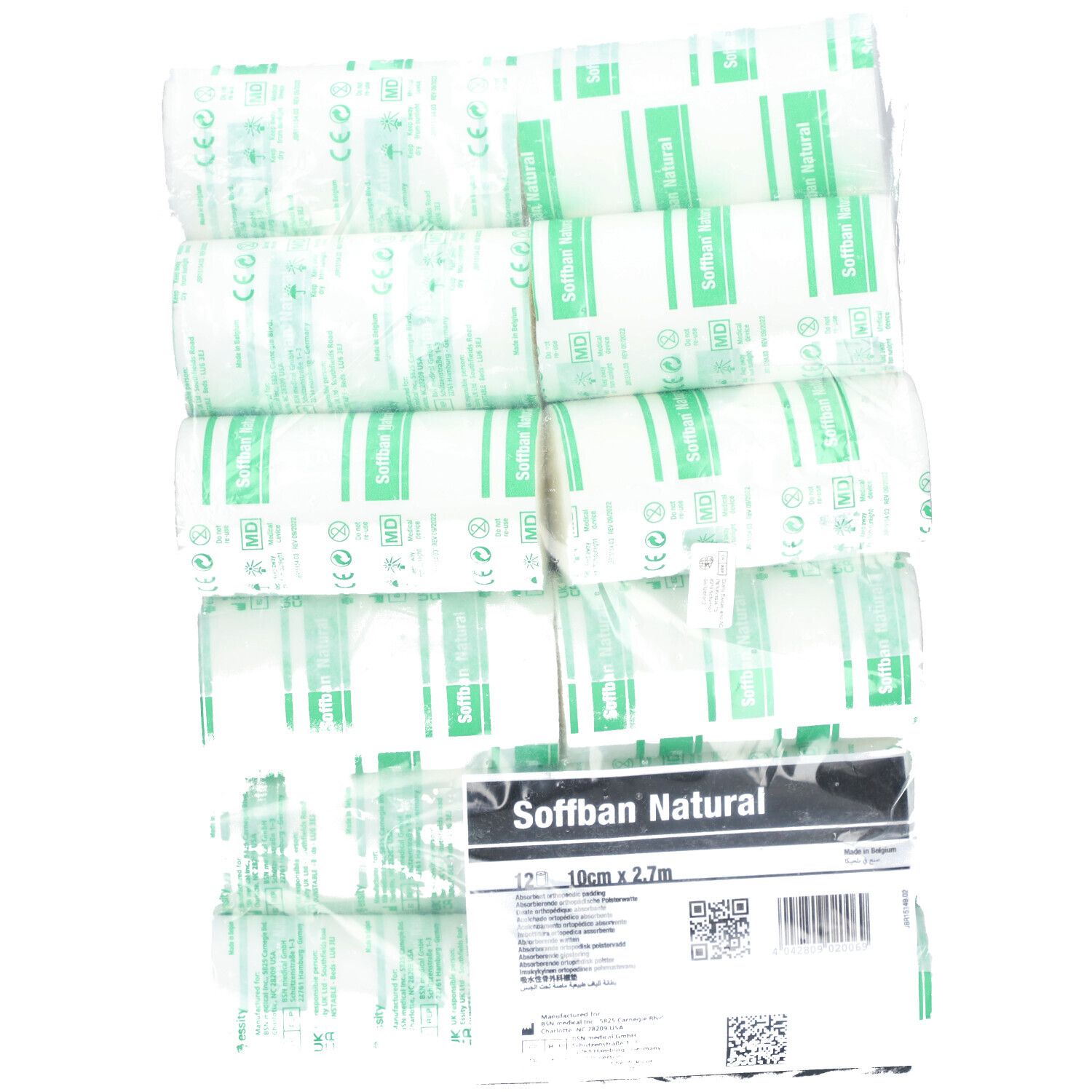 Emballage de plusieurs rouleaux de rembourrage. Inscription : Soffban Natural, 10 cm x 2,7 m.