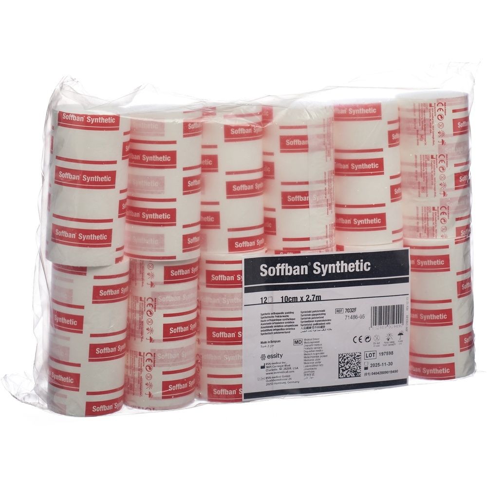 Verpackung mit weißen Rollen. Aufdruck: Soffban Synthetic, 10cm x 2,7m. Mehrere Rollen in Folie verpackt.