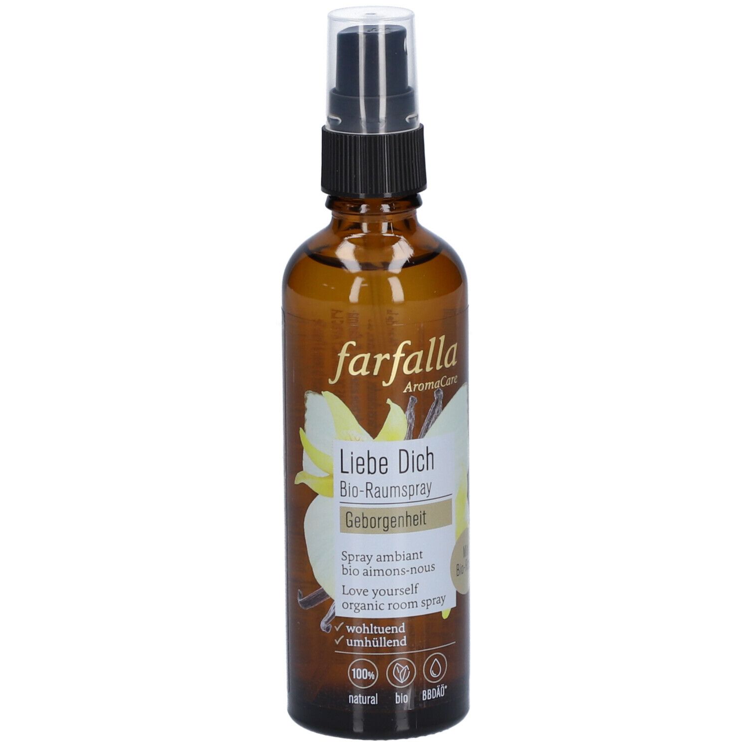 Flacon en verre brun avec vaporisateur. Inscription: farfalla, Liebe Dich Bio-Raumspray, Geborgenheit.