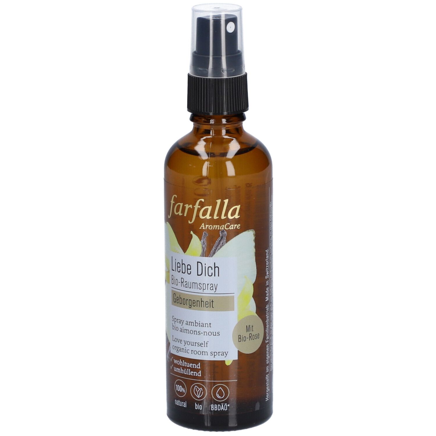 Flacon en verre brun avec vaporisateur. Inscription: farfalla, Liebe Dich Bio-Raumspray, Geborgenheit, Bio Rose.