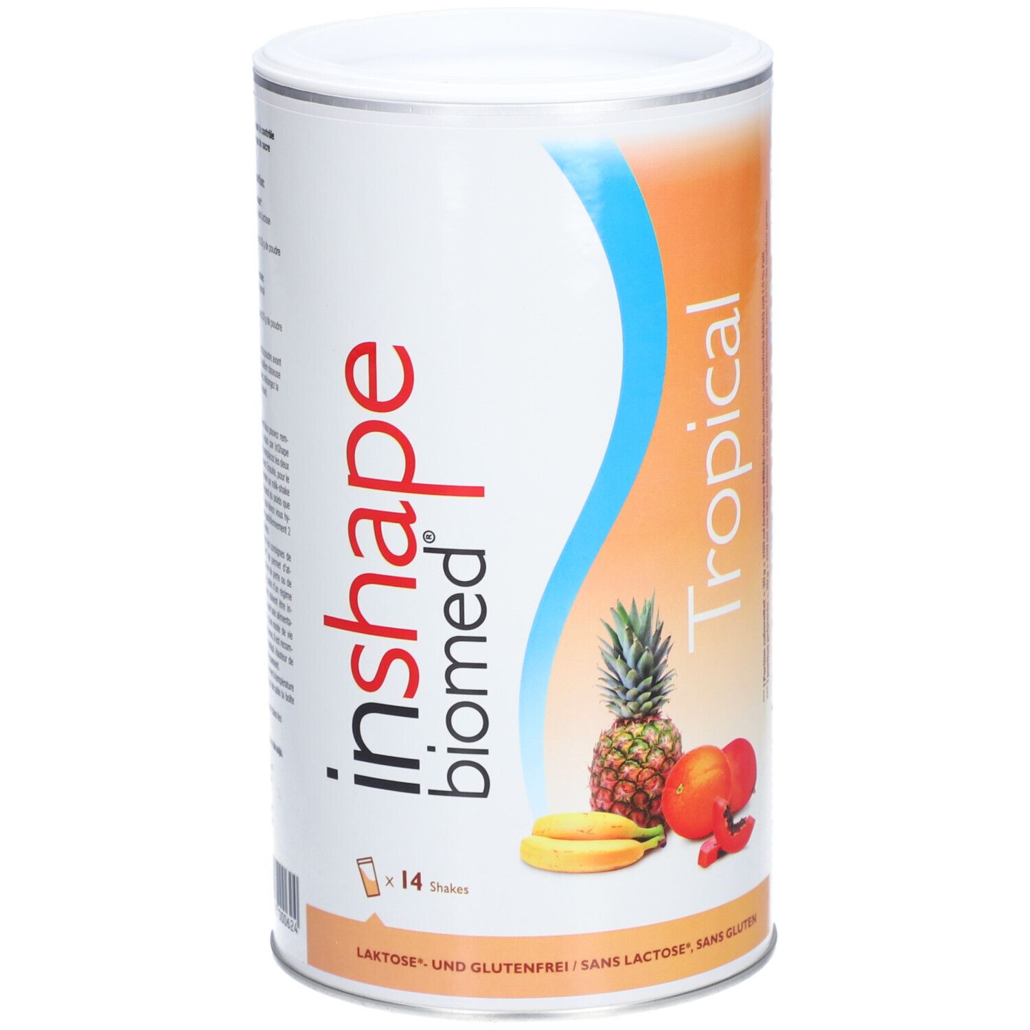 Zylindrische Dose mit "inshape biomed Tropical" und Früchten. Aufschrift: Laktose- und glutenfrei.