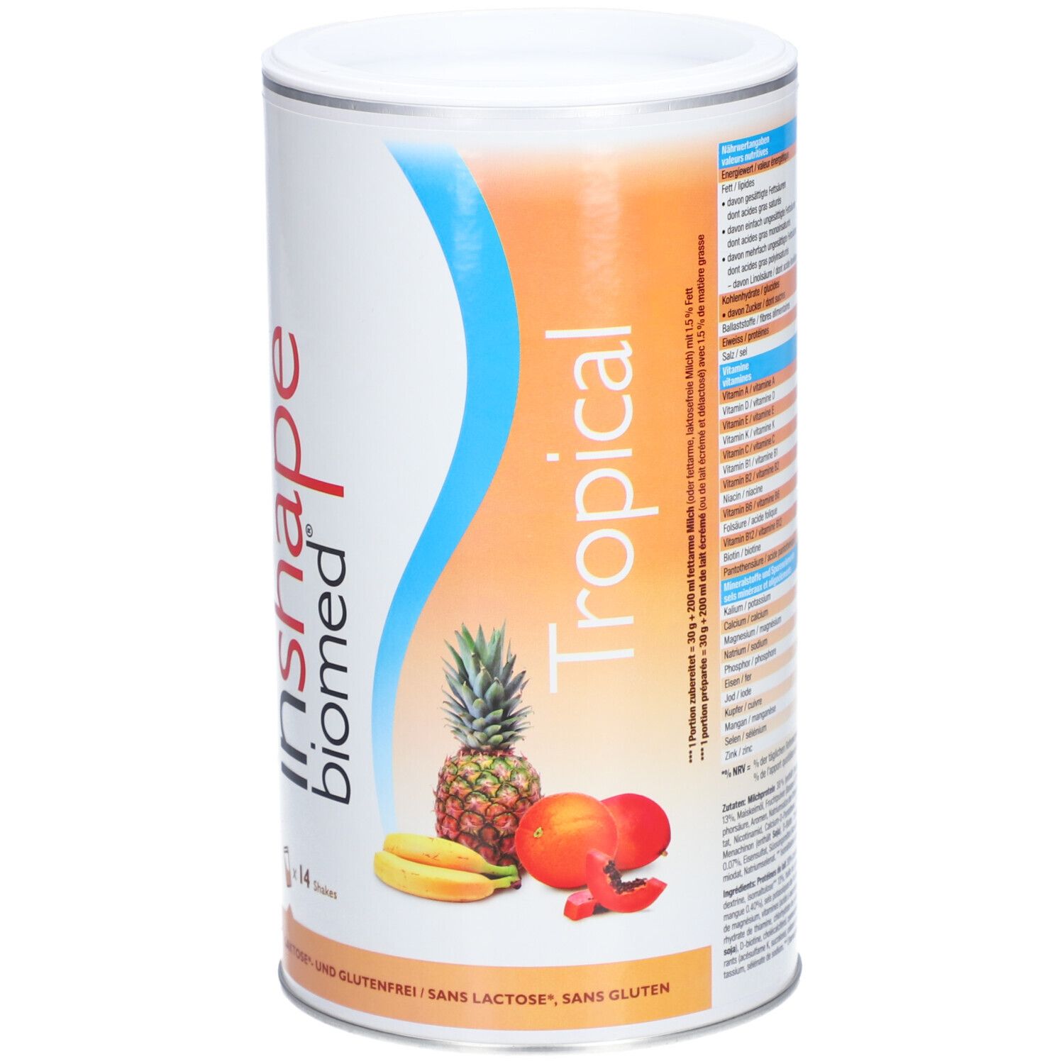 Zylindrische Dose mit "inshape biomed Tropical" und Früchten. Text und Nährwertangaben.