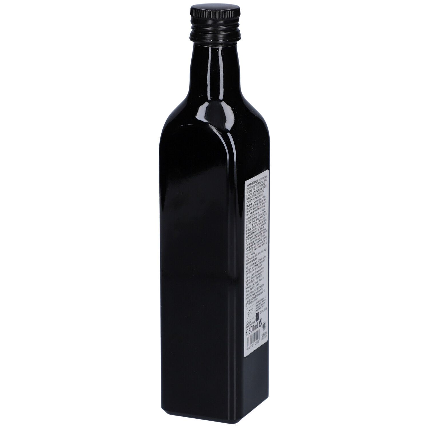 Schwarze Glasflasche mit schwarzem Deckel. Rückseite mit Etikett und Text. Demeter-Siegel und Mengenangabe.