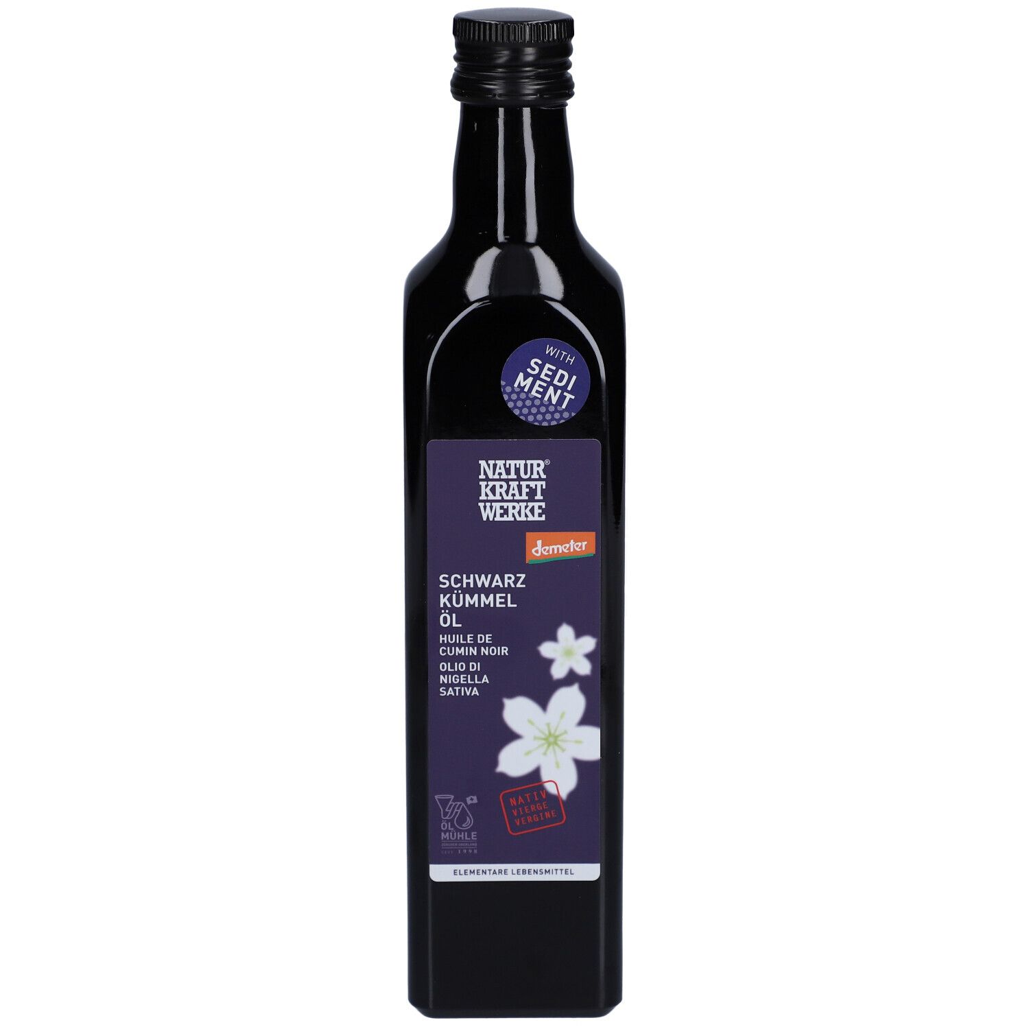 Schwarze Glasflasche mit schwarzem Deckel. Etikett mit Produktbezeichnung, Demeter-Siegel und Blütenabbildung.