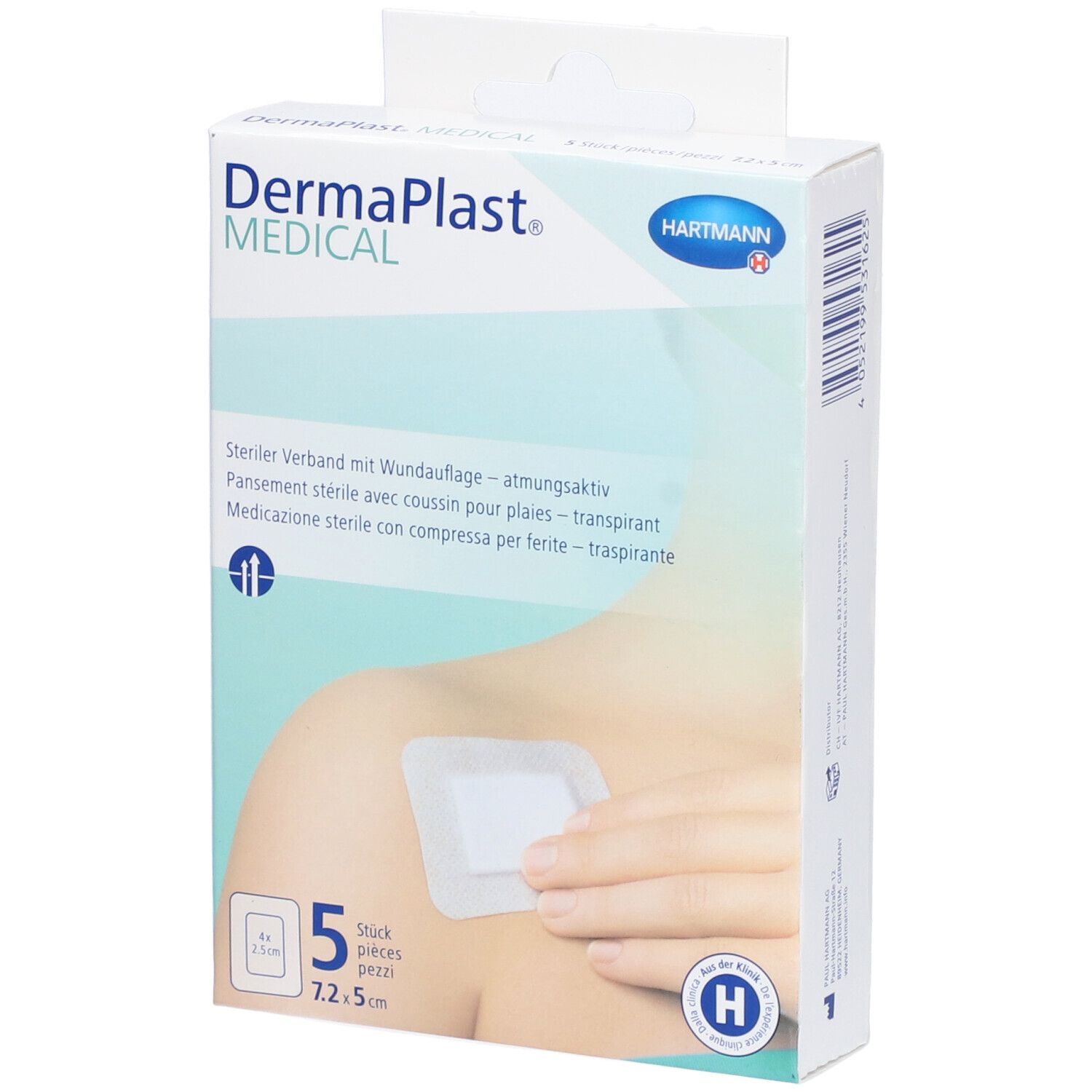 Boîte de 5 pansements stériles. Marque: Dermaplast Medical. Dimensions: 7,2 x 5 cm. Logo Hartmann.