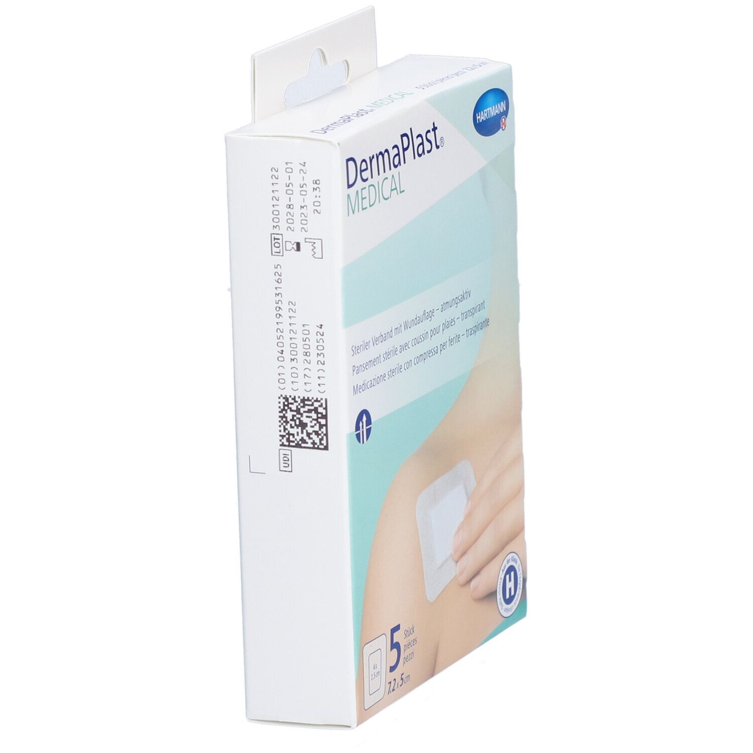 Vue latérale de la boîte de 5 pansements stériles. Marque: Dermaplast Medical. Logo Hartmann.
