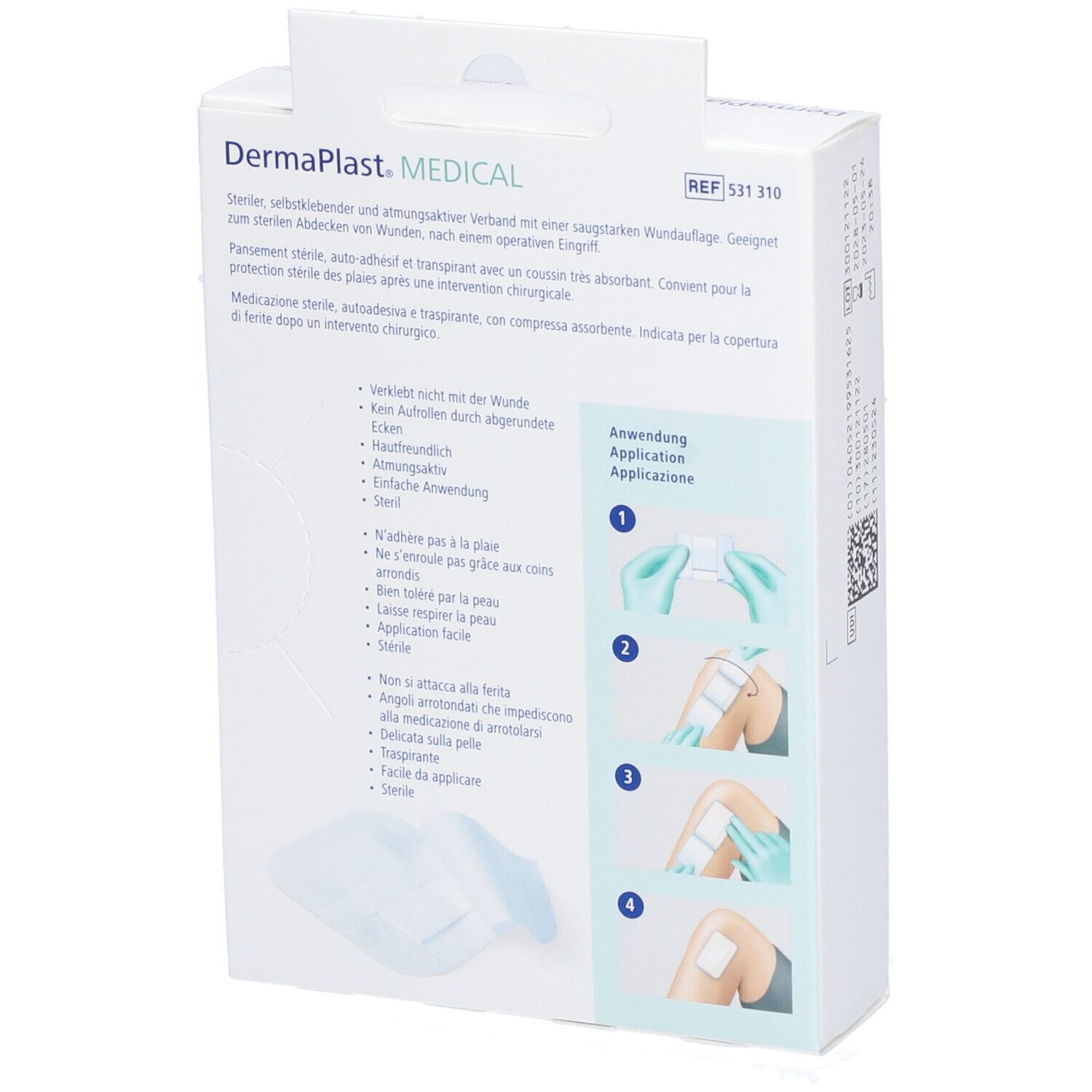 Dos de la boîte avec informations produit et exemples d'application. Marque: Dermaplast Medical.