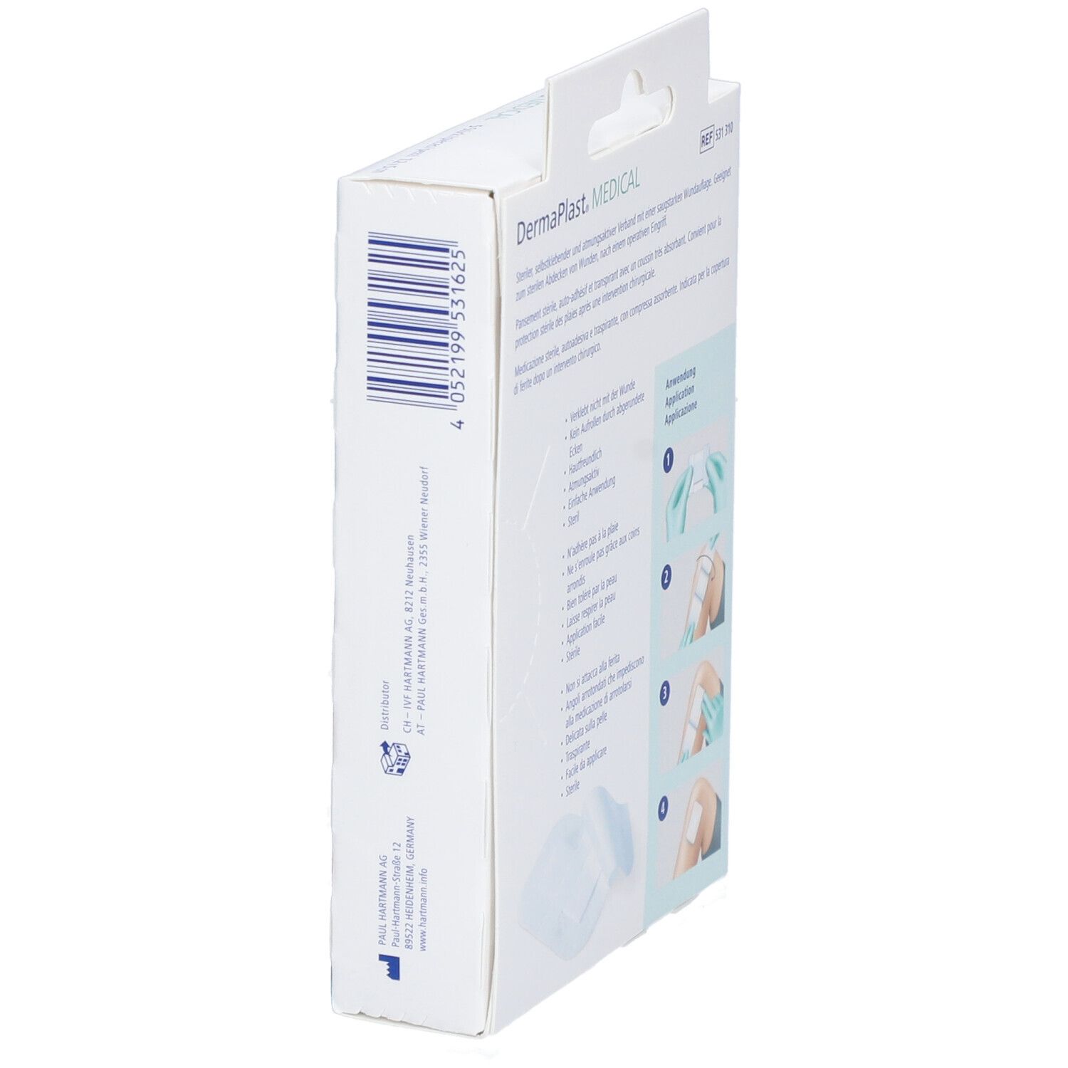 Vue latérale de la boîte avec code-barres et informations produit. Marque: Dermaplast Medical.