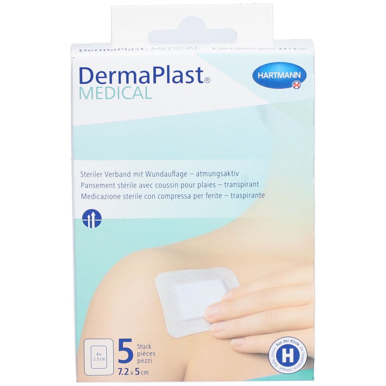 Boîte de 5 pansements stériles. Marque: Dermaplast Medical. Dimensions: 7,2 x 5 cm. Logo Hartmann.
