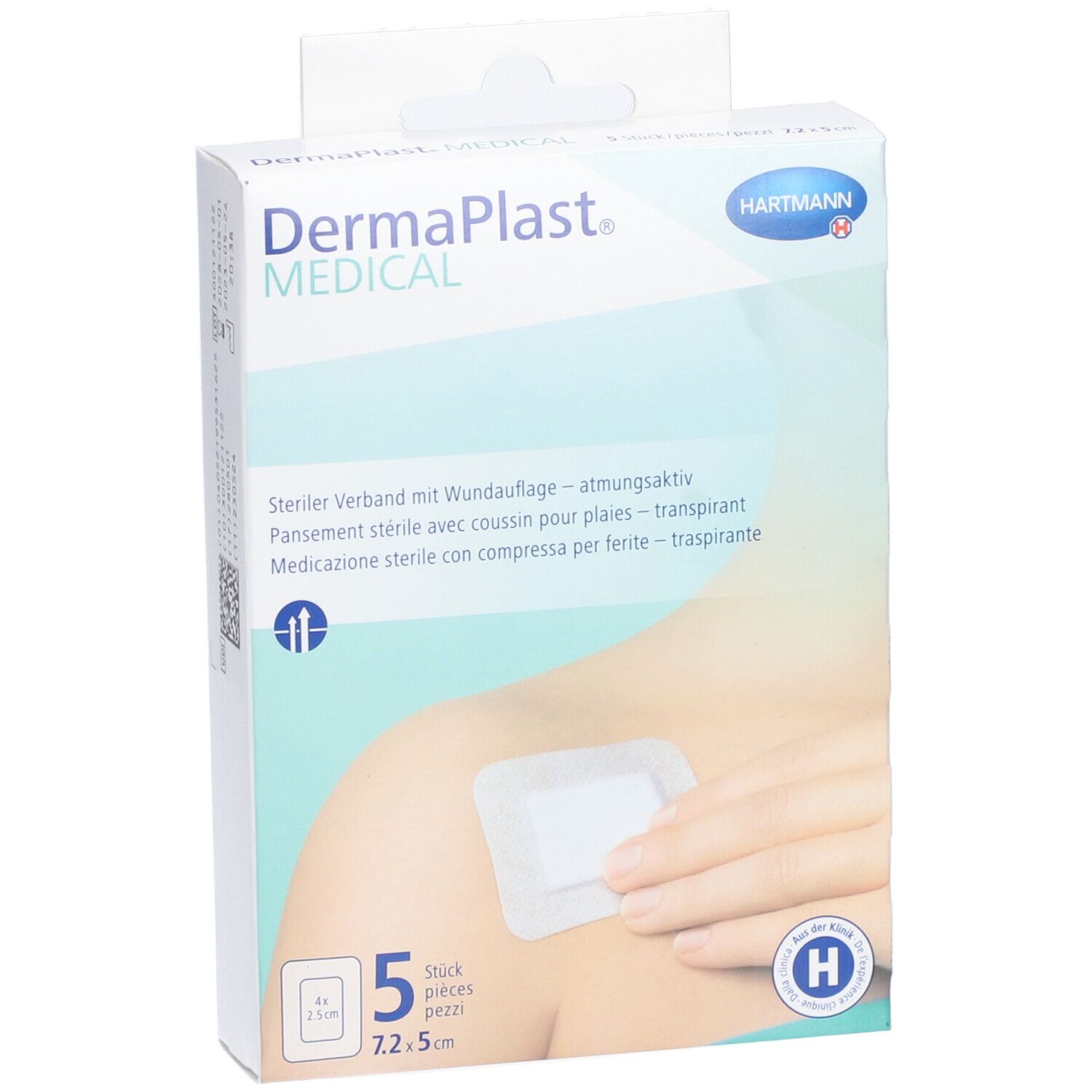 Boîte de 5 pansements stériles. Marque: Dermaplast Medical. Dimensions: 7,2 x 5 cm. Logo Hartmann.