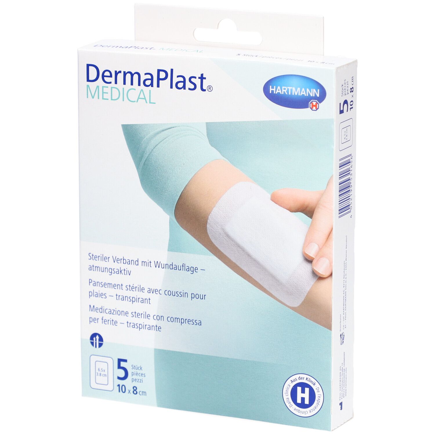 Emballage de DERMAPLAST Medical Vliesverband. Pansement sur un bras. 5 pièces, 10x8 cm.