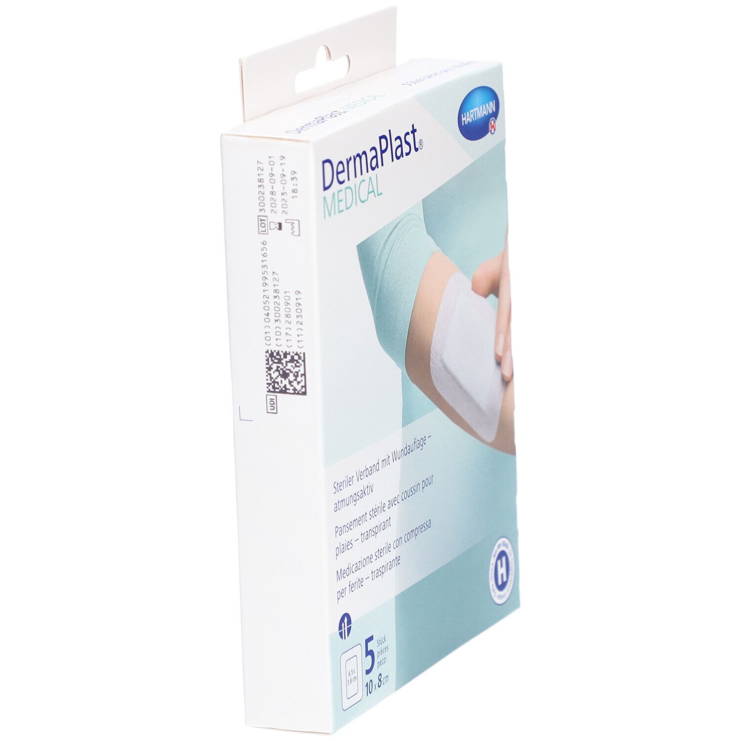 Emballage de DERMAPLAST Medical Vliesverband. Vue latérale. 5 pièces, 10x8 cm. Texte en allemand, français, italien.