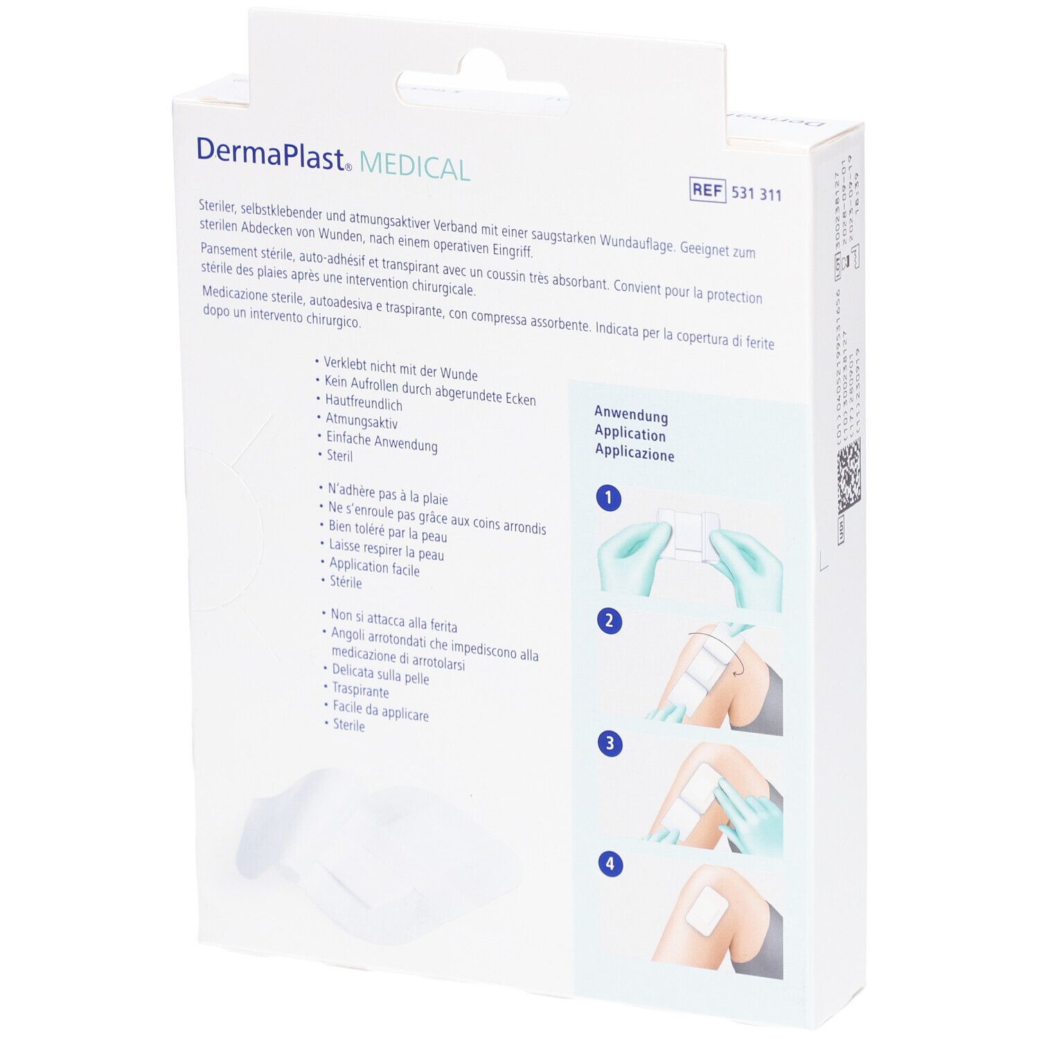Dos de l'emballage de DERMAPLAST Medical Vliesverband. Instructions en allemand, français, italien.